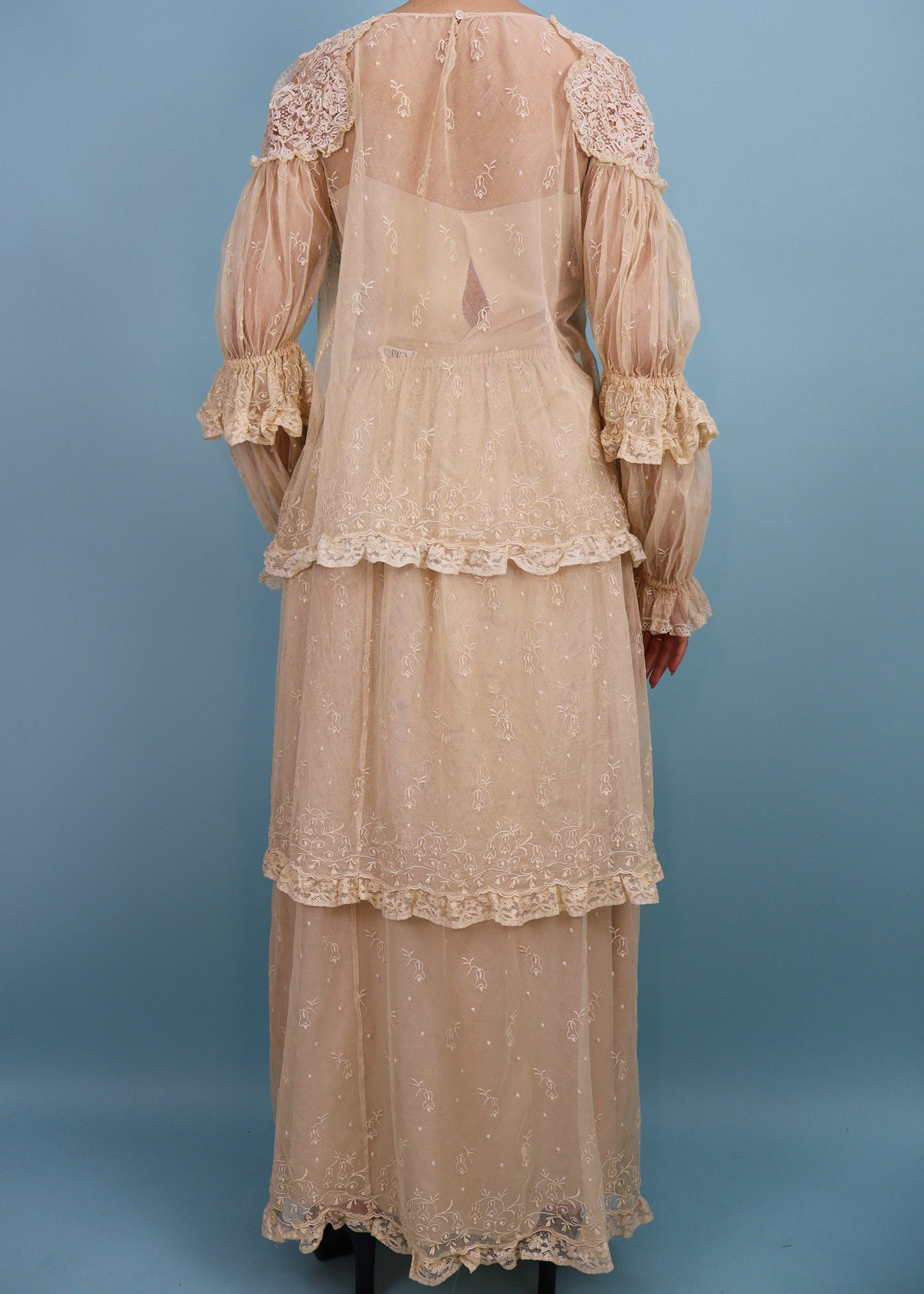 Chloé Spring 1978 Runway Cream Embroidered Lace Blouse, Tiered Skirt & Slip Dress Set