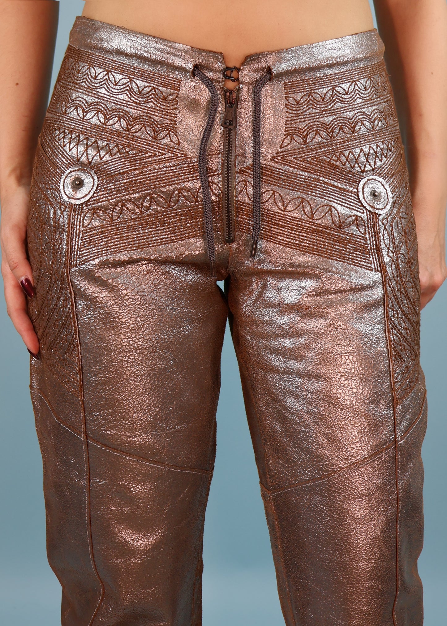 Jean Paul Gaultier Metallic Silver Leather Studded Spellout & Embroidered Pants