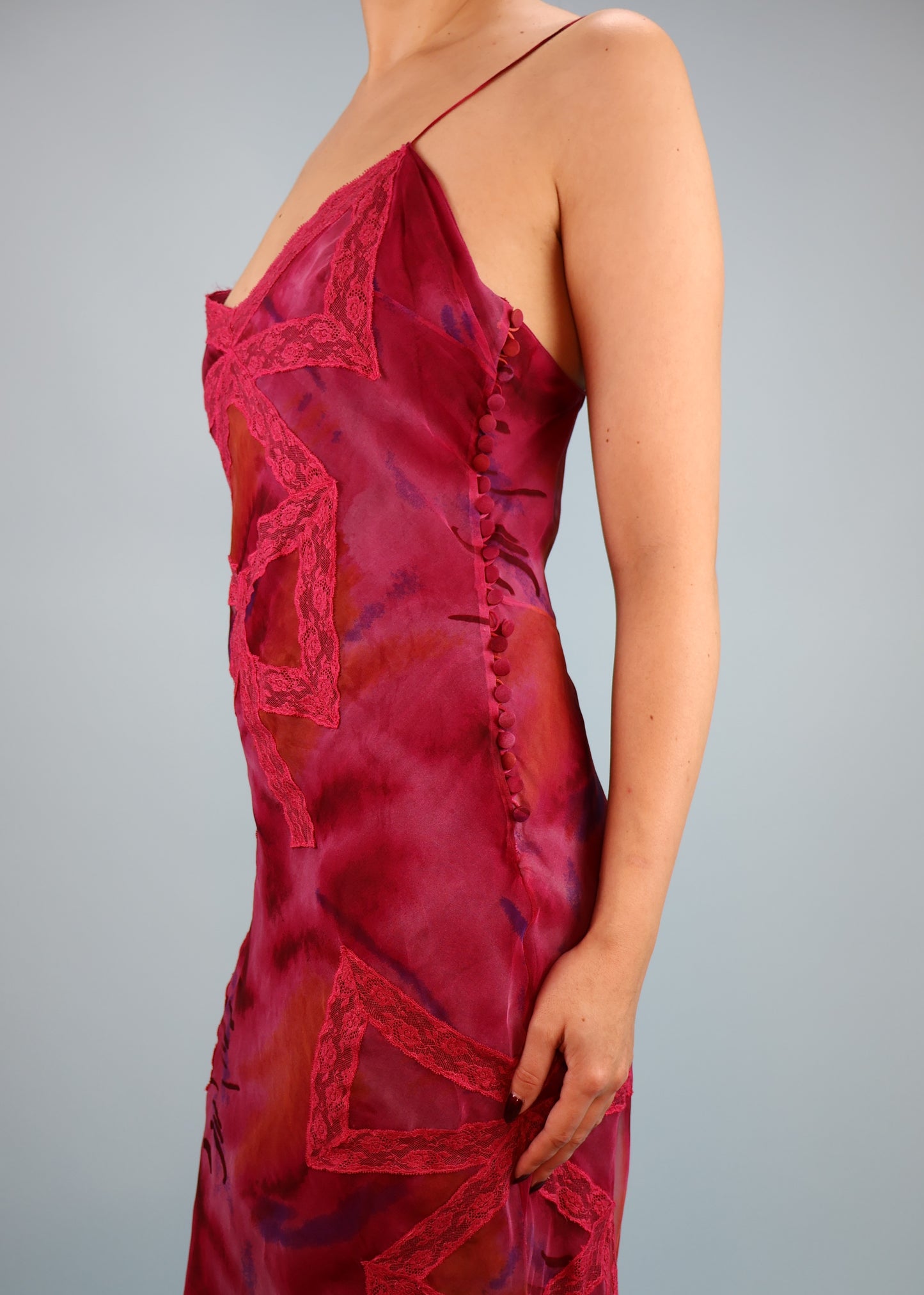 Dior Spring 2001 Pink Tie Dye Silk Bow Lace Gown