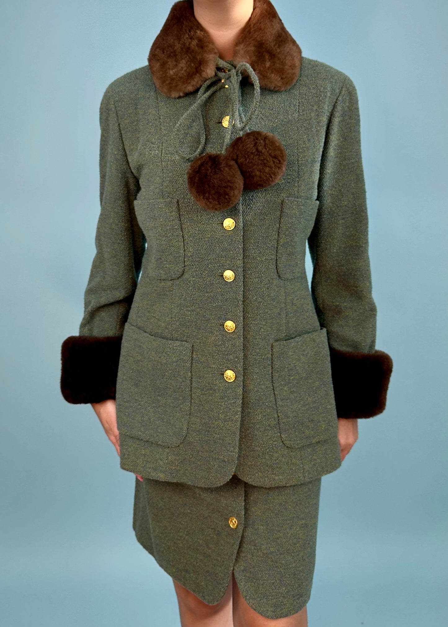 Chanel Fall 1989 Runway Green Boucle Fur Pom Trim Jacket & Skirt Suit Set