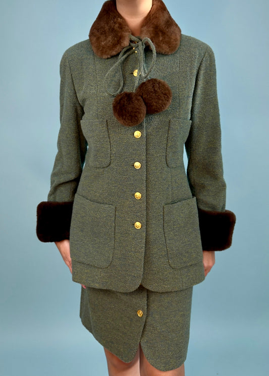 Chanel Fall 1989 Runway Green Boucle Fur Pom Trim Jacket & Skirt Suit Set