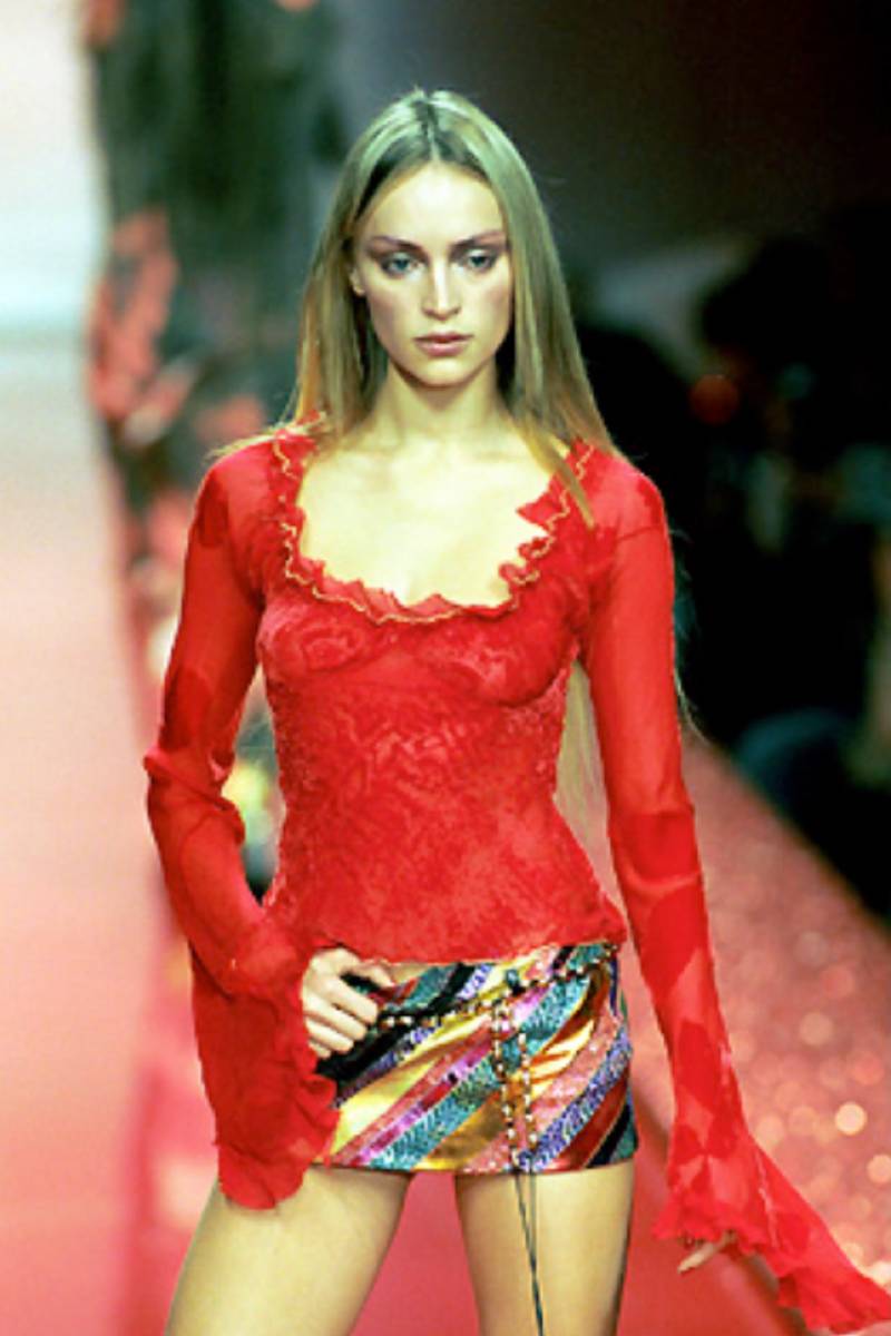 Roberto Cavalli Fall 1999 Runway Red Silk Devoré Velvet Flared Sleeve Top