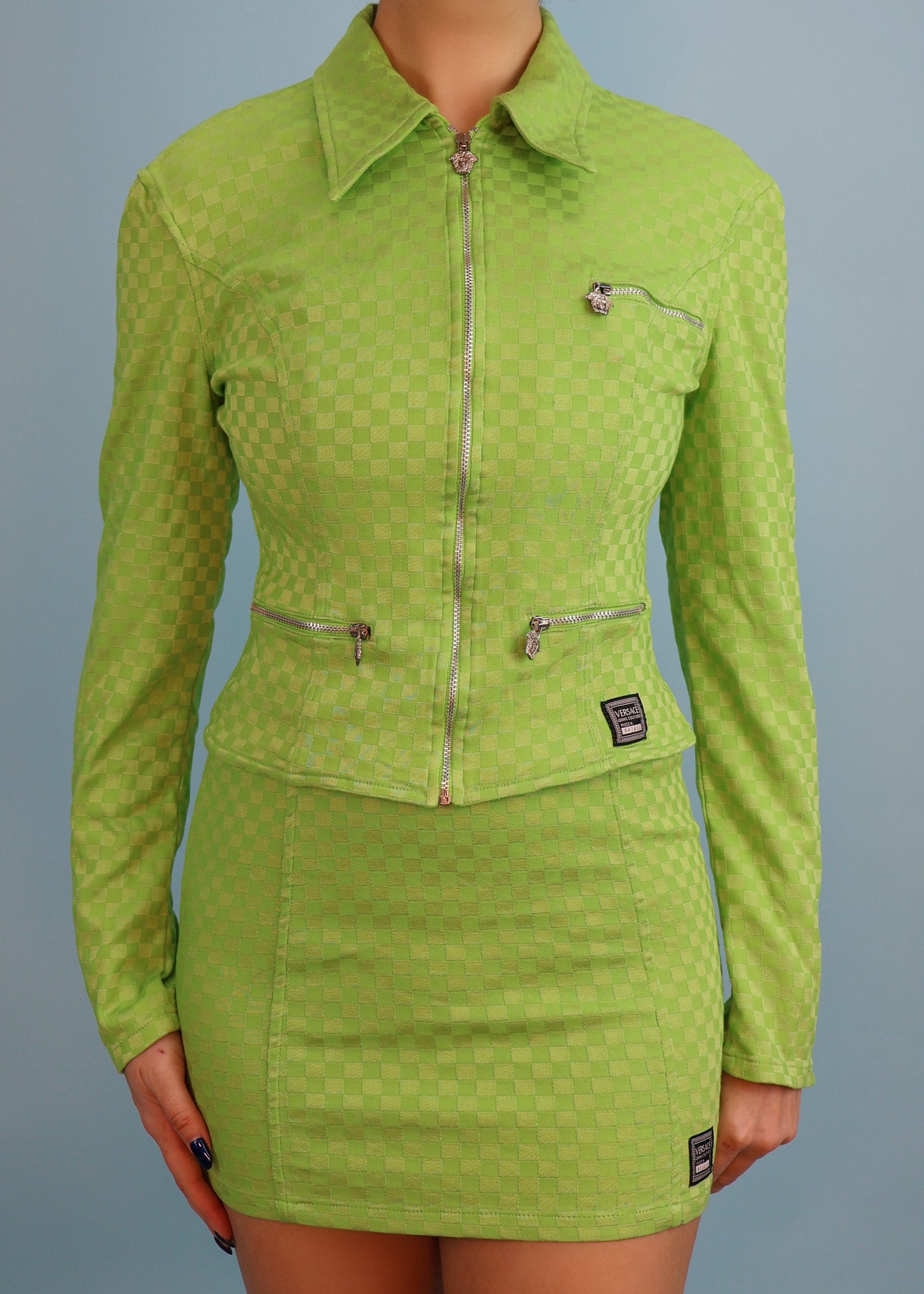 Versace Jeans Couture Green Grid Mini Dress & Jacket Set