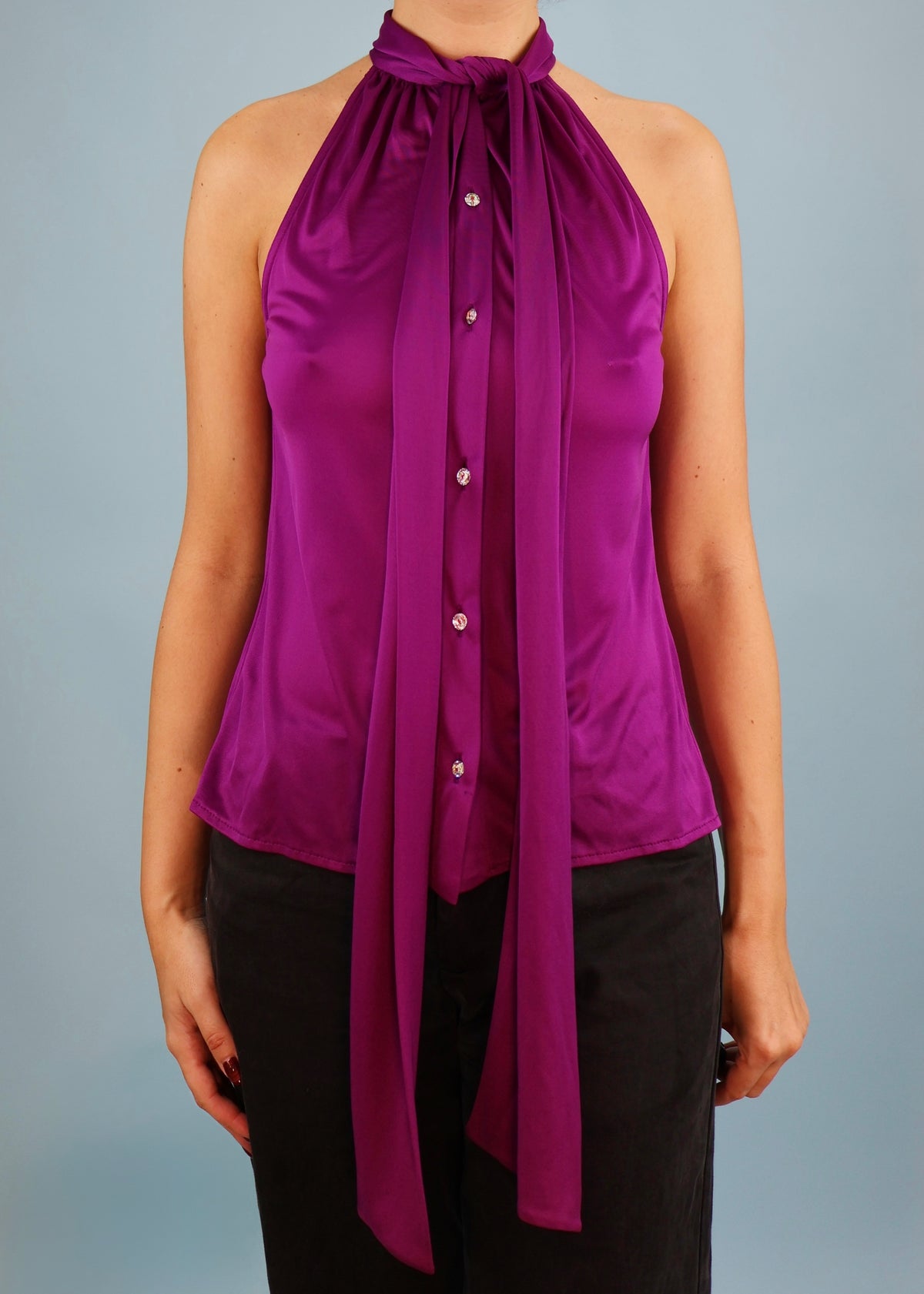 Versace Spring 2000 Runway Crystal Button Purple Sleeveless Top