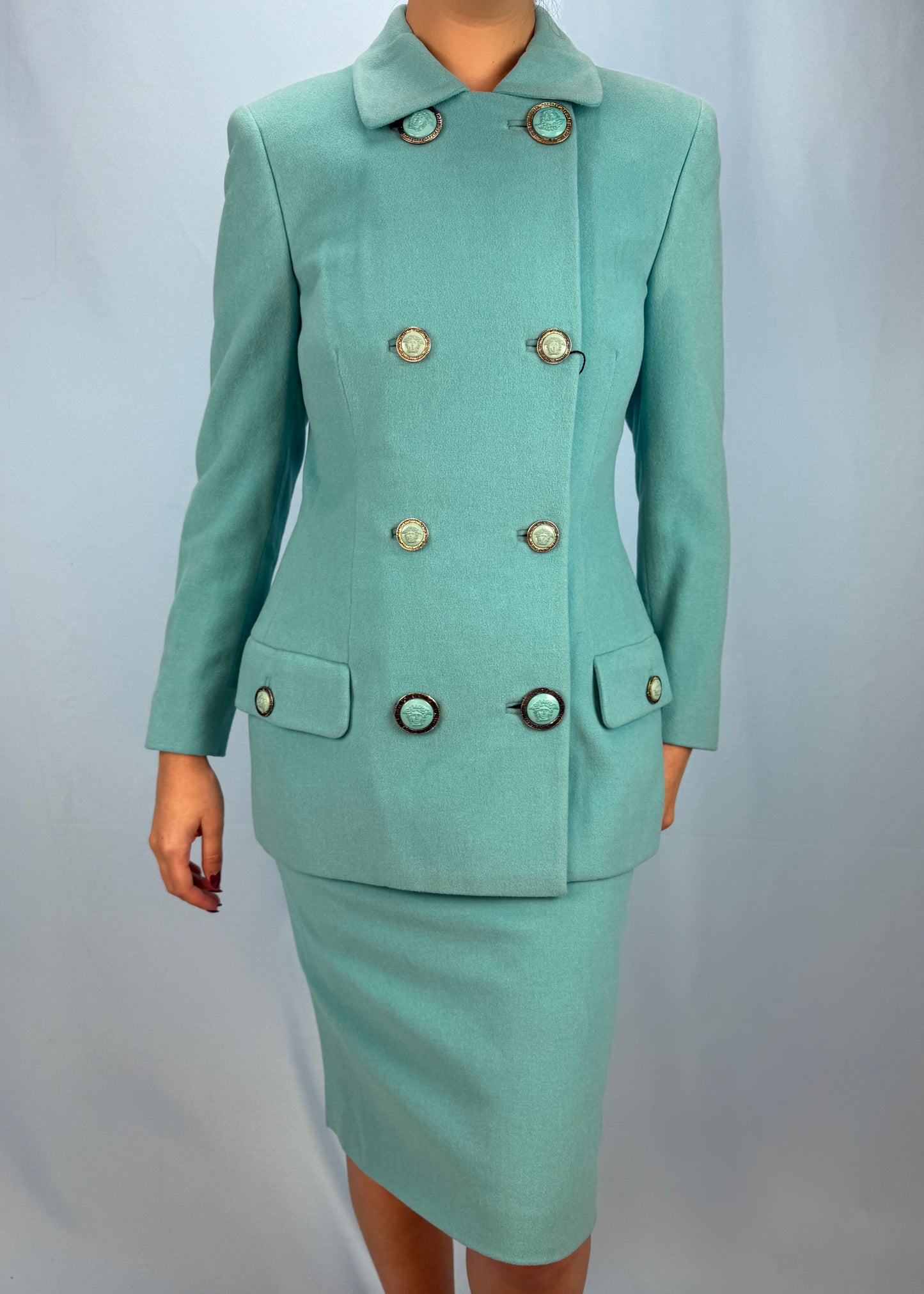 Versace Blue Medusa Button Jacket & Skirt Suit Set