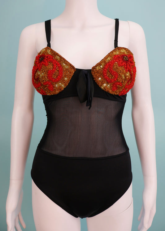 Blumarine Spring 1991 Runway Red & Gold Embellished Black Mesh Cutout Swimsuit