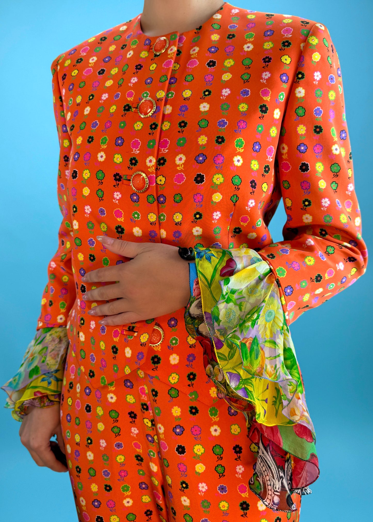 Versace Spring 1993 Runway Floral Silk Chiffon Ruffle Jacket & Flared Pants Set