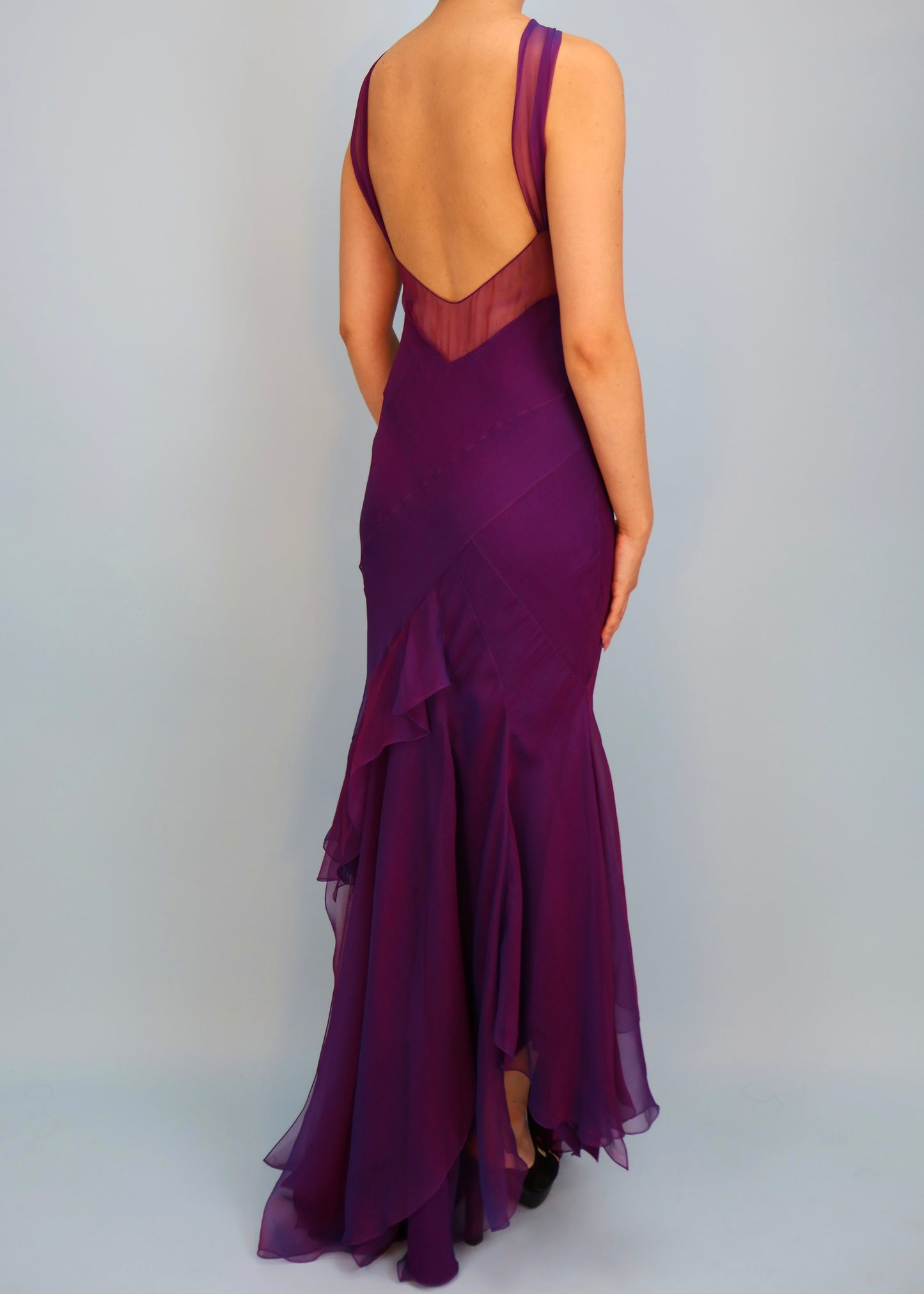Dior Spring 2005 Purple Iridescent Silk Chiffon Peephole Halter Gown & Scarf