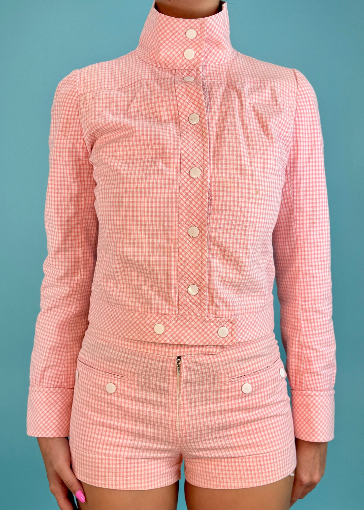Courrèges 1974 Pink Gingham Jacket & Shorts Set