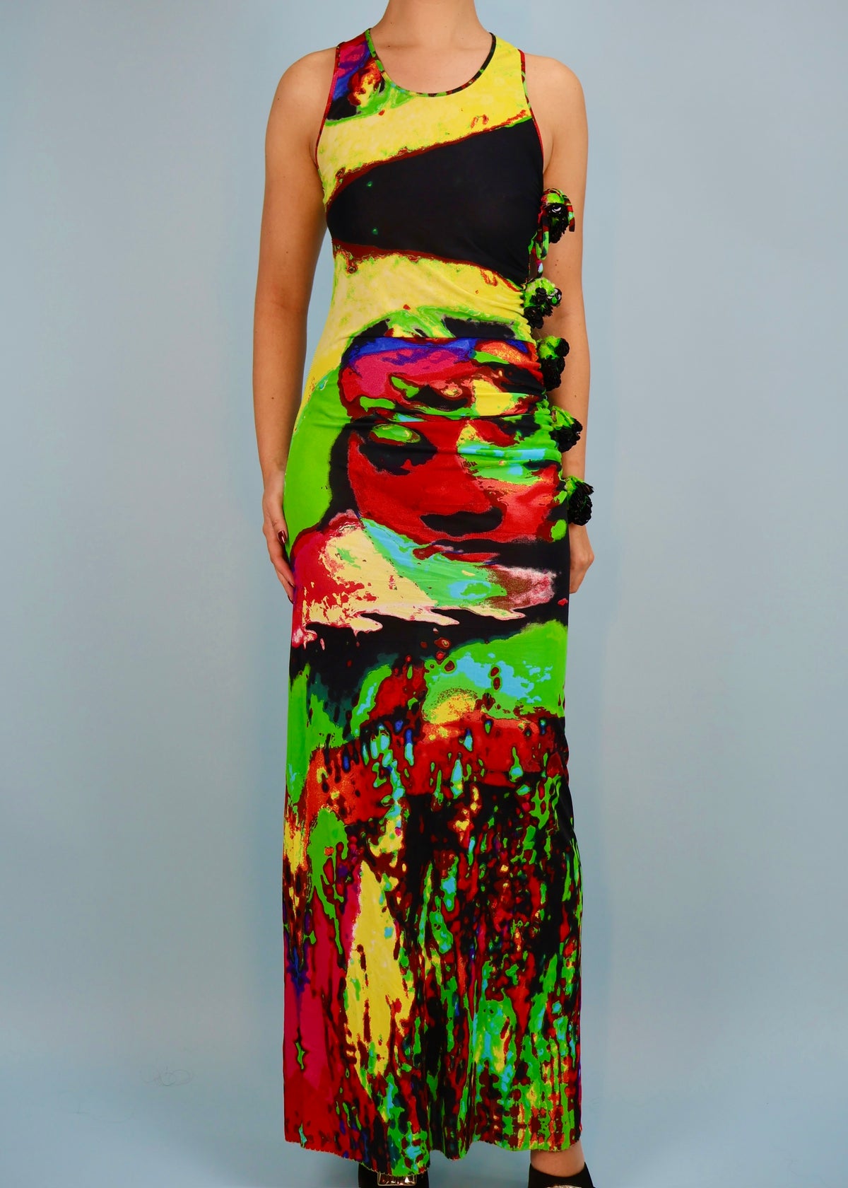 Jean Paul Gaultier Spring 2000 Runway Psychedelic Face Print & Flower Embellished Maxi Dress