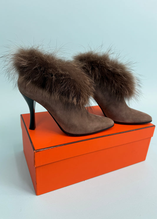 Hermès Grey Suede Leather Fur Trim Boots