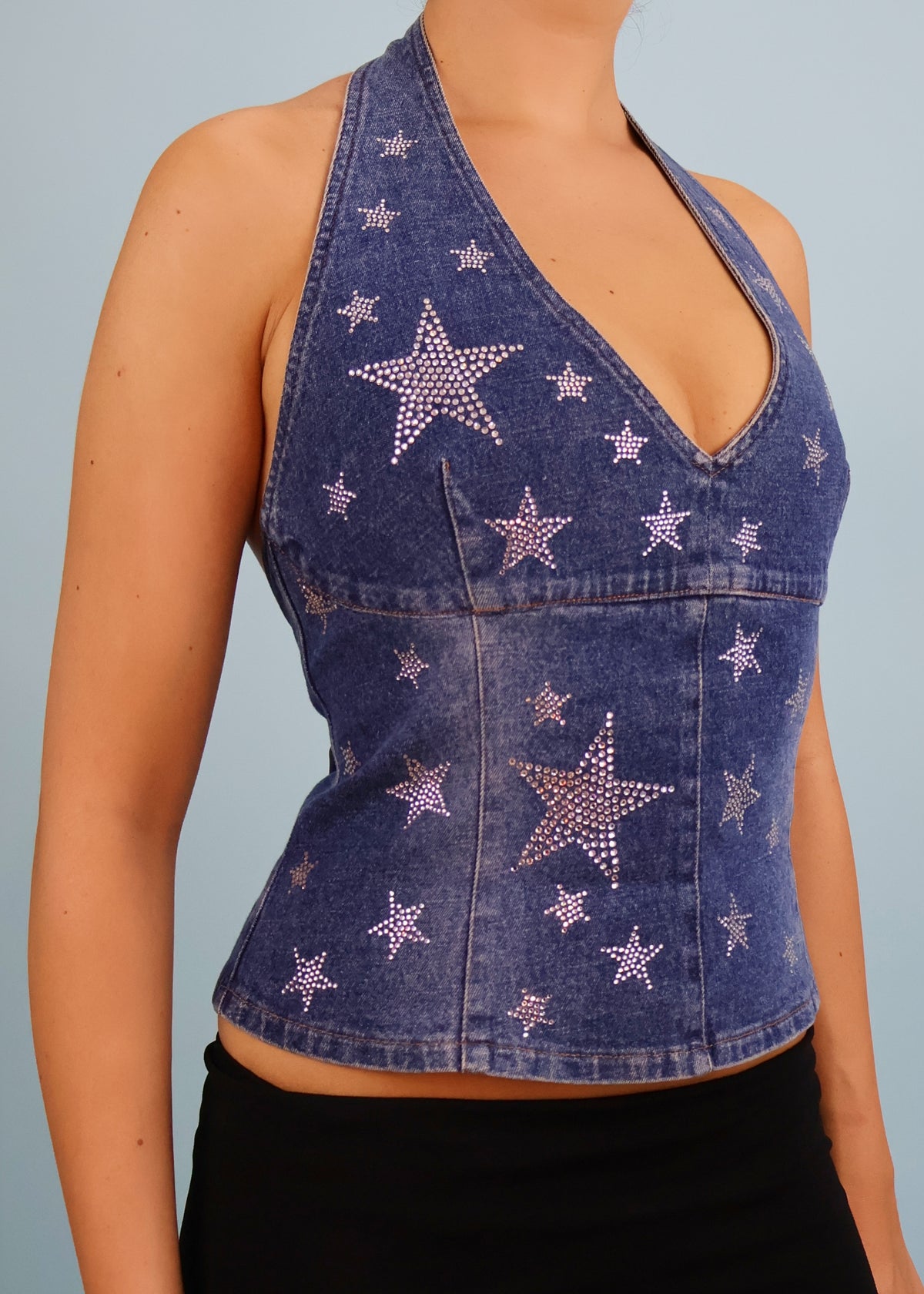 Blumarine Denim & Rhinestone Star Embellished Halter Top