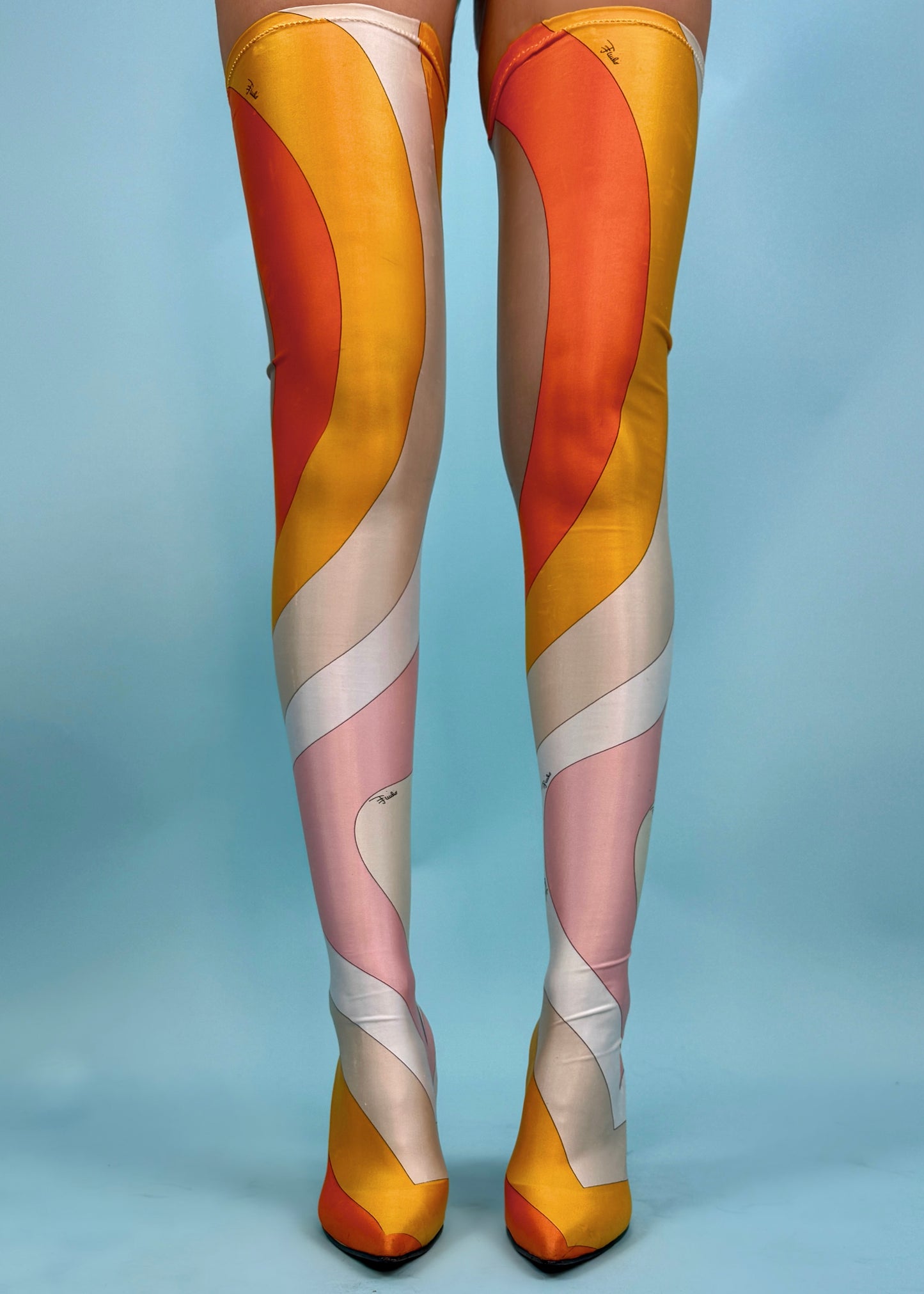 Emilio Pucci Orange & Pink Printed Sock Thigh High Boots