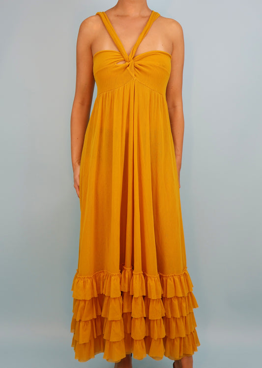 Jean Paul Gaultier Yellow Mesh Ruffle Hem Maxi Dress