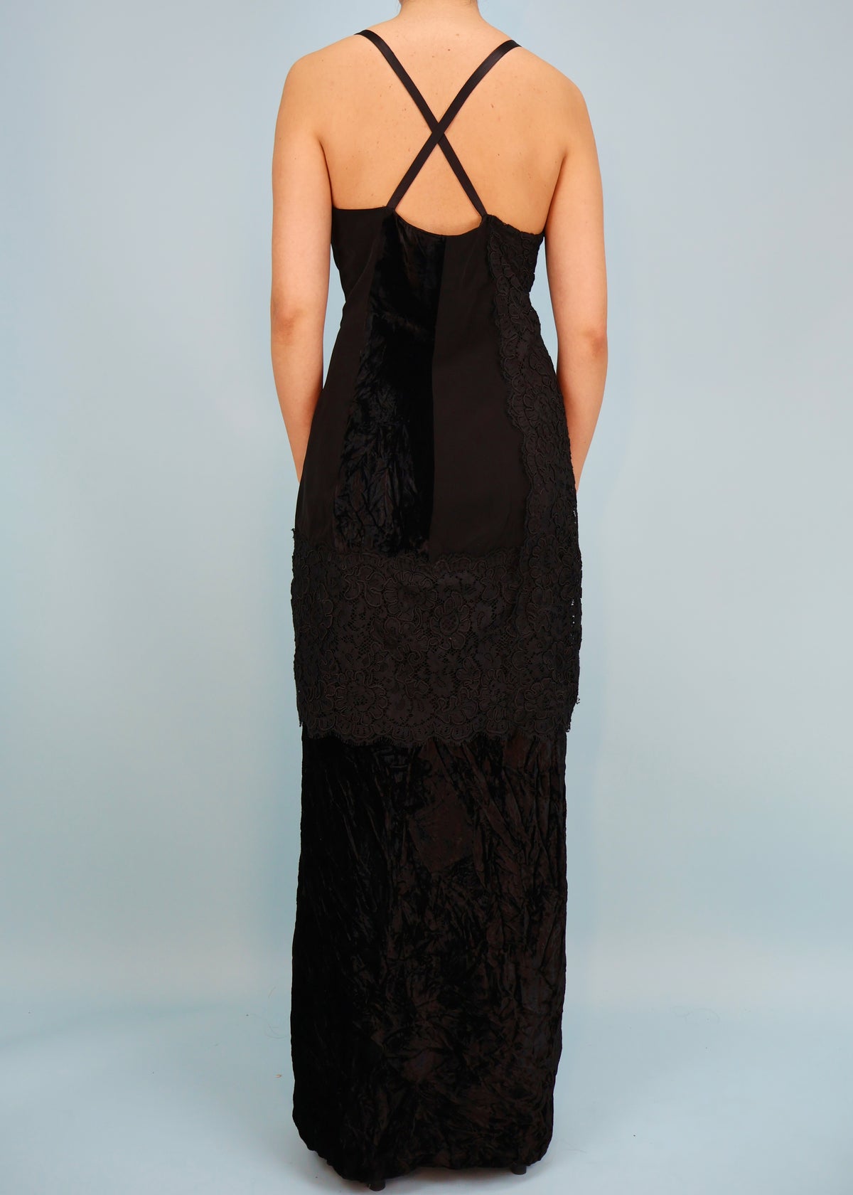 Christian Lacroix Fall 1994 Black Lace & Velvet Embellished Crossover Strap Gown