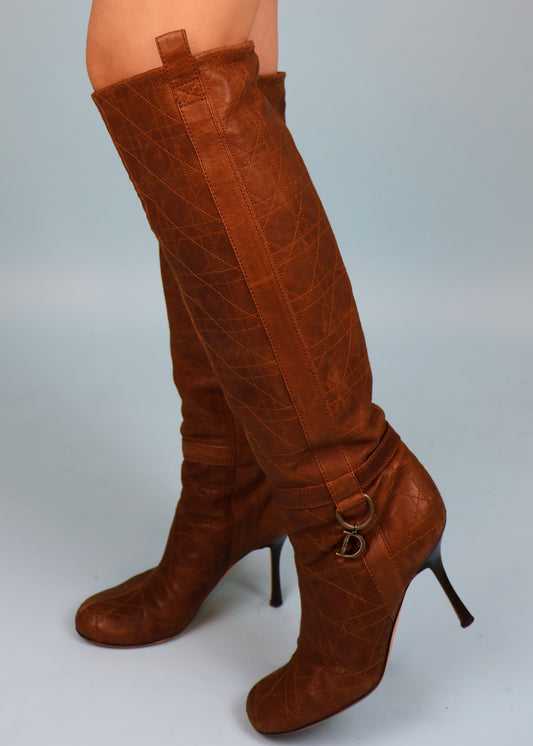 Dior Brown Leather Stitched Dior Charm Heeled Boots