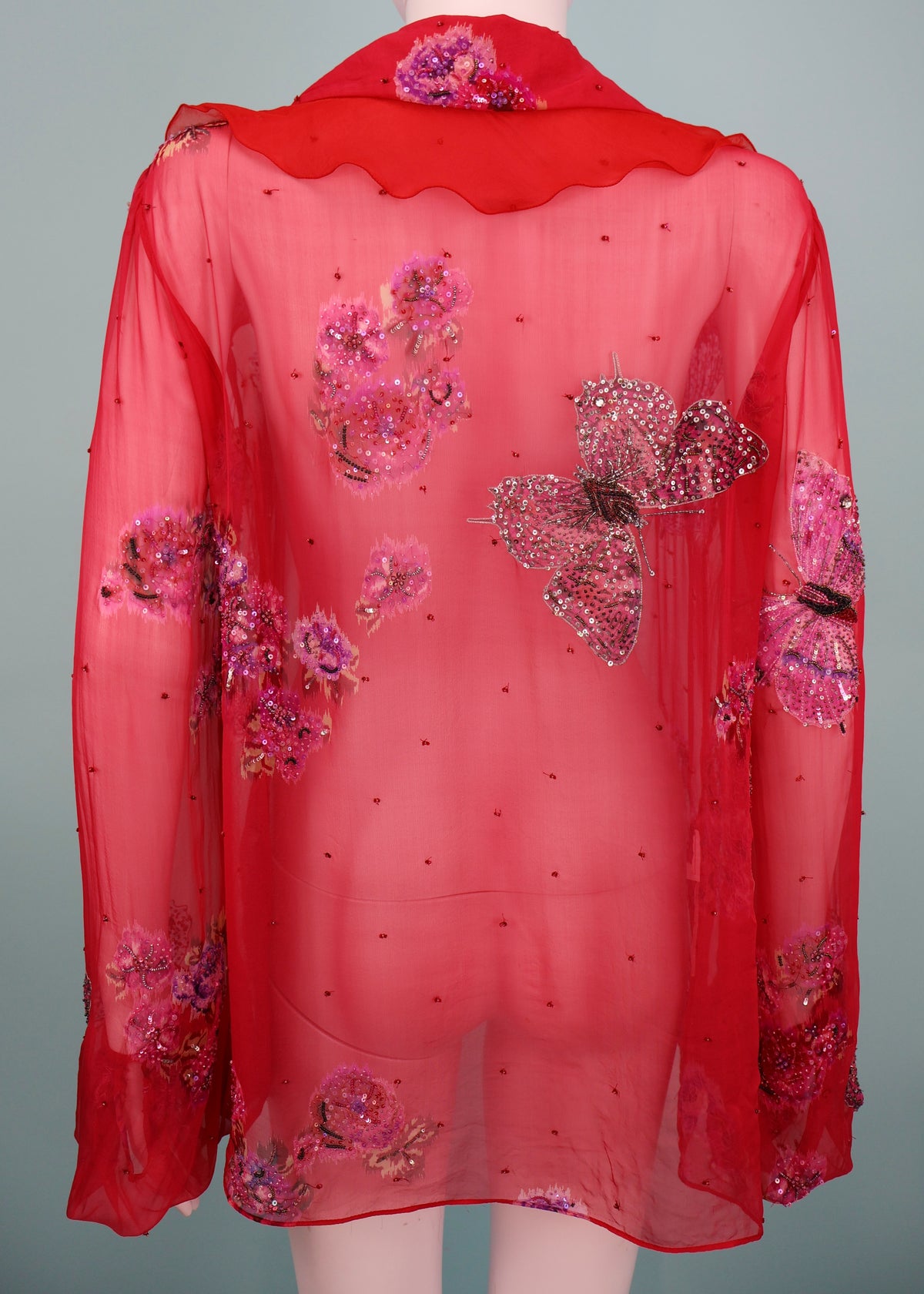 Emanuel Ungaro Pink Embellished Butterfly Silk Chiffon Ruffle Blouse