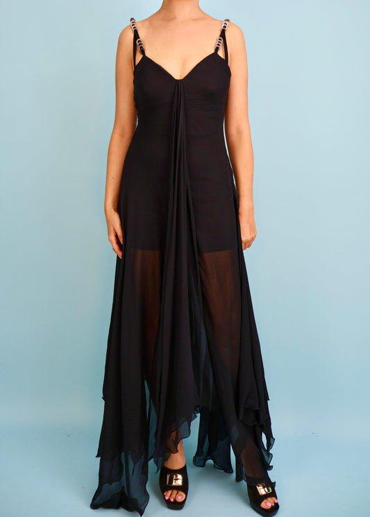 Versace Spring 1995 Runway Black Draped Chiffon Gown