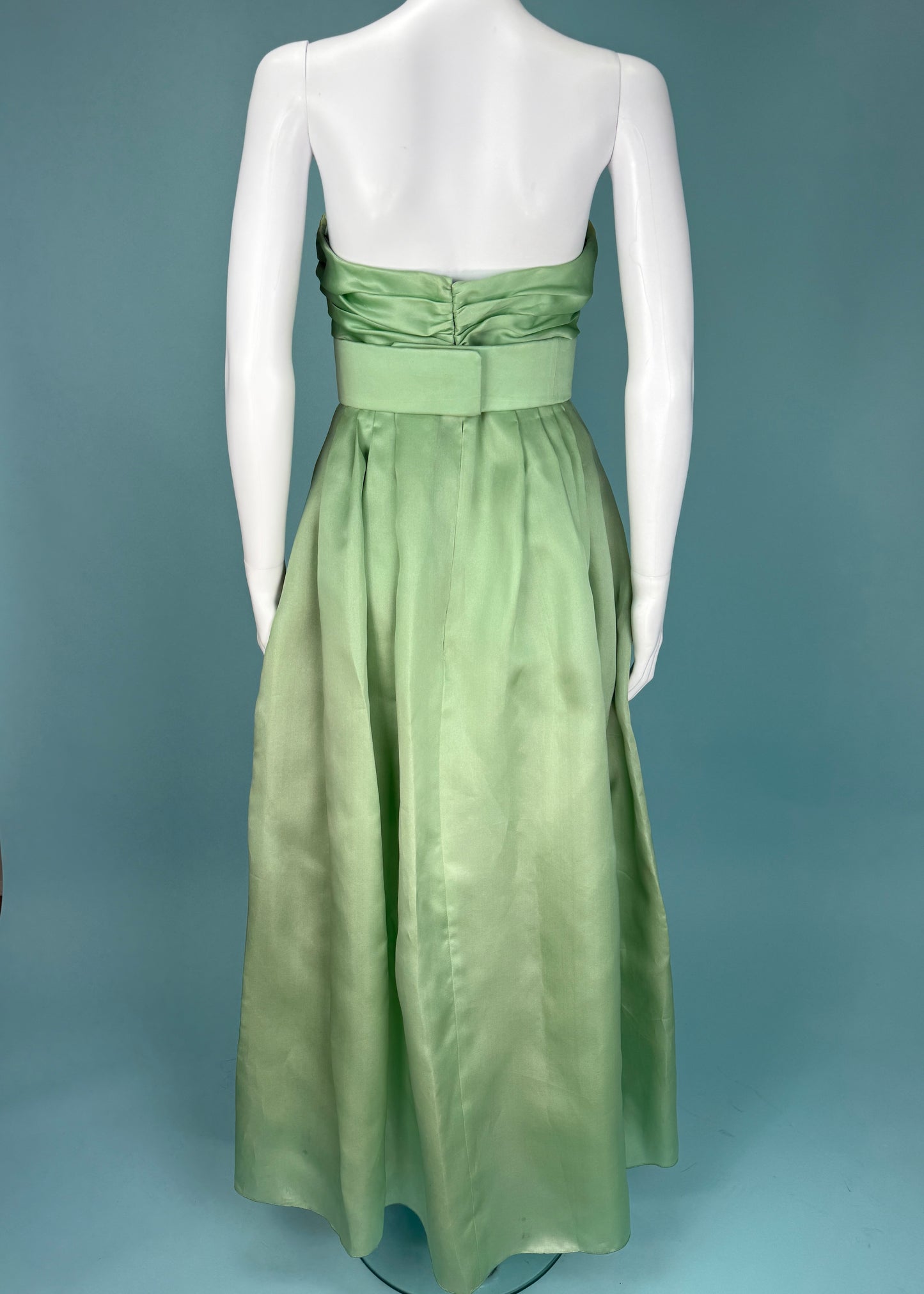 Chloé Spring 1991 Runway Green Silk Corsage Strapless Gown