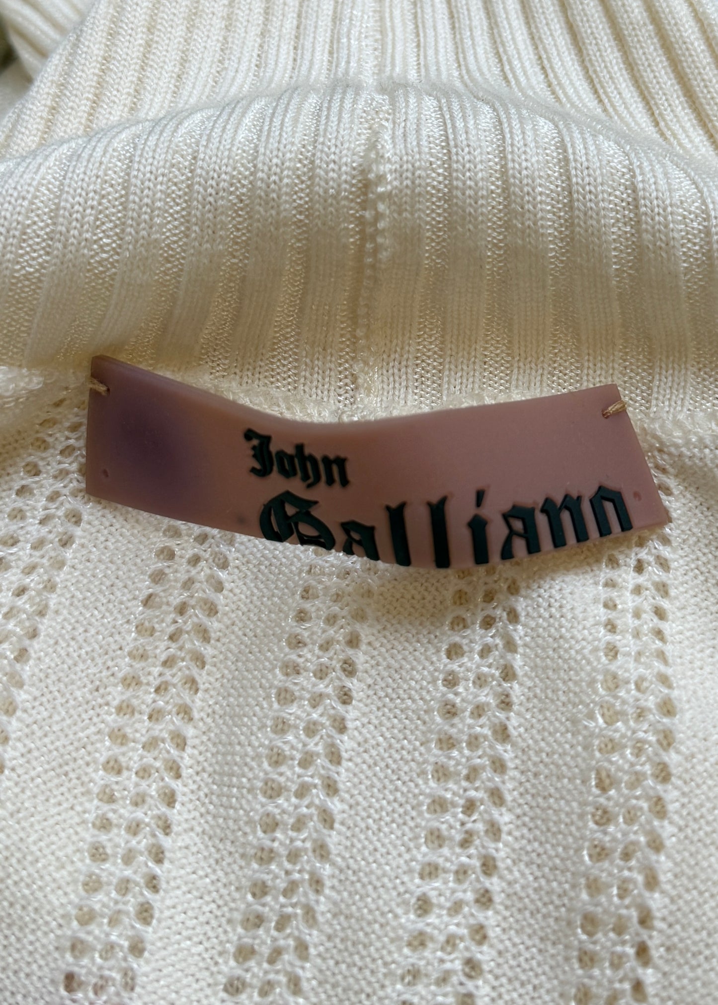 John Galliano Cream Floral Embroidered Knit High Neck Sweater Top