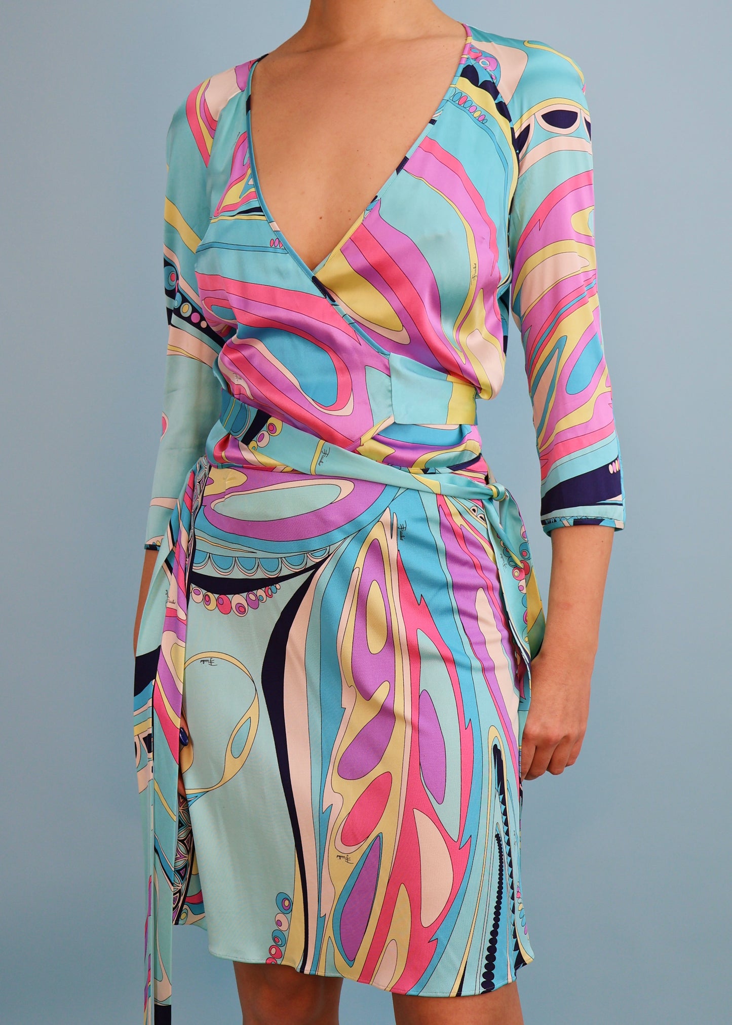Emilio Pucci Spring 2007 Blue Pattern Silk Skirt & Wrap Top Two Piece Set