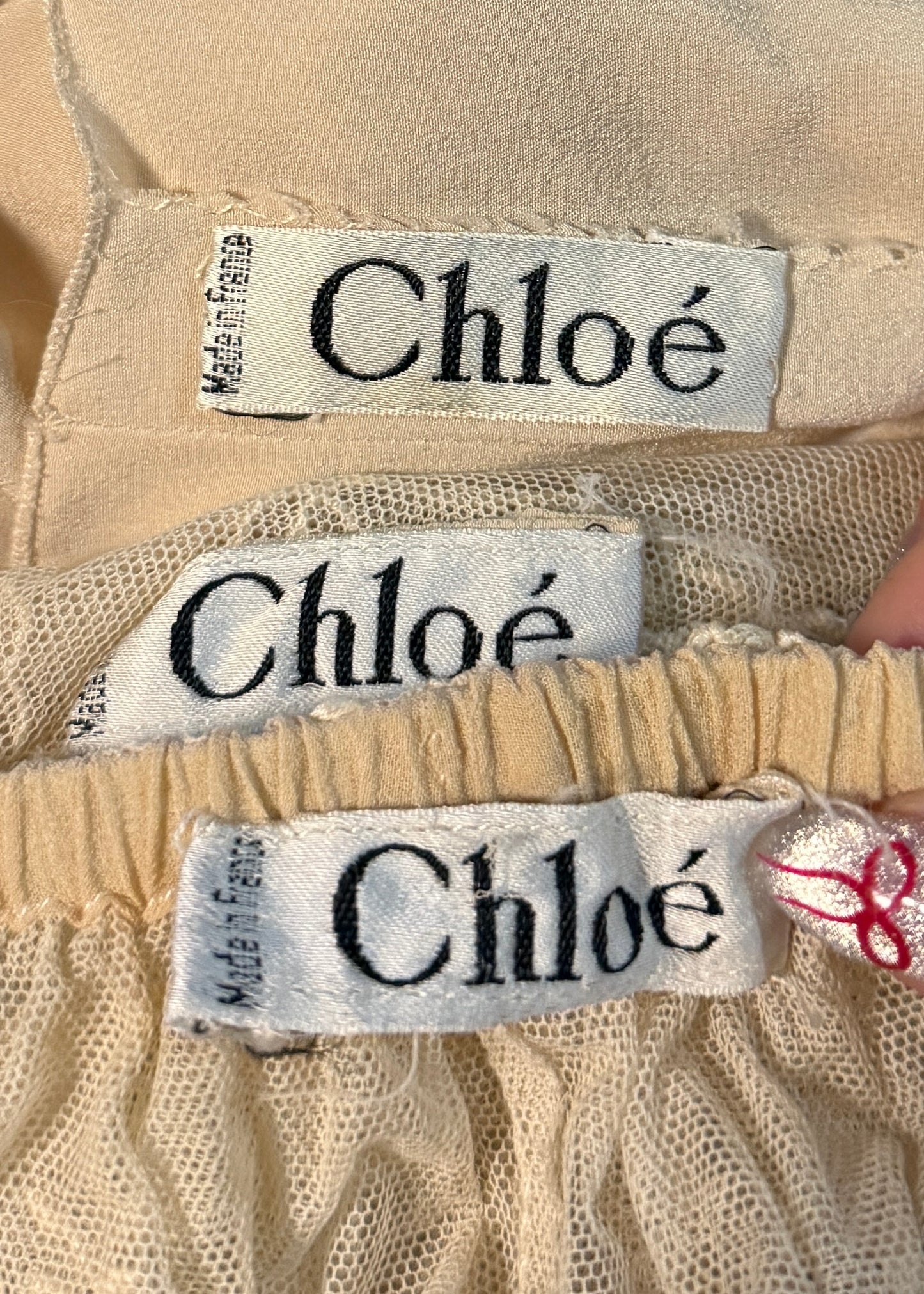 Chloé Spring 1978 Runway Cream Embroidered Lace Blouse, Tiered Skirt & Slip Dress Set