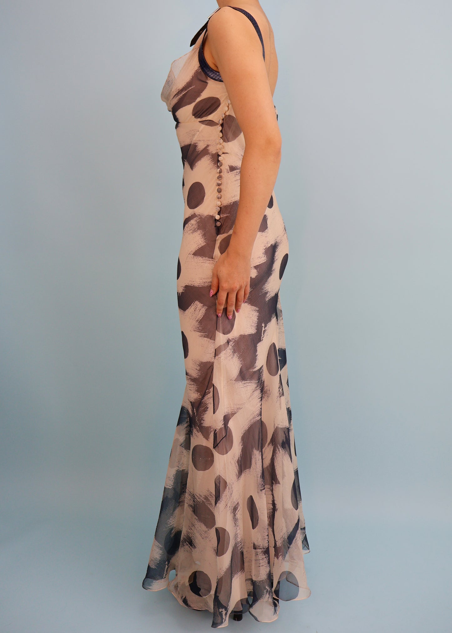 Dior Spring 2001 Blue Abstract Print Silk Chiffon Leather Strap Gown