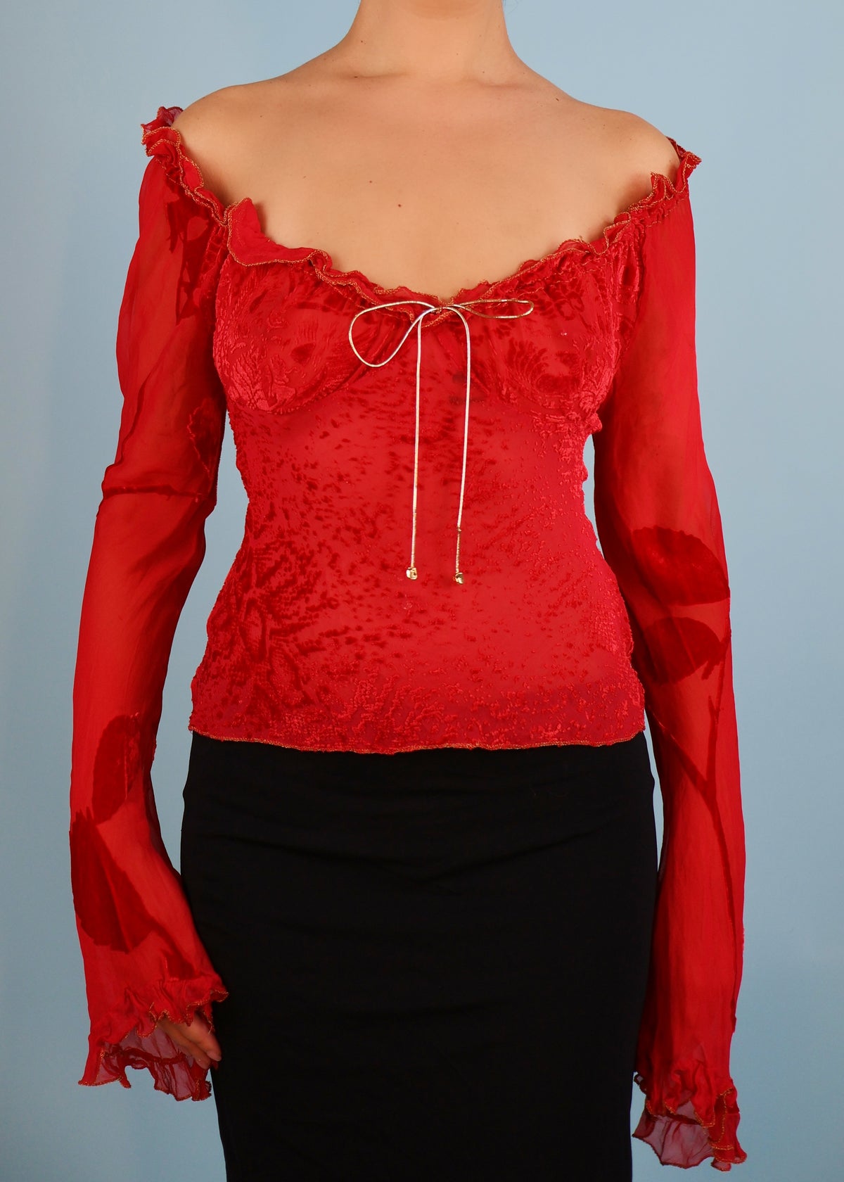 Roberto Cavalli Fall 1999 Runway Red Silk Devoré Velvet Flared Sleeve Top