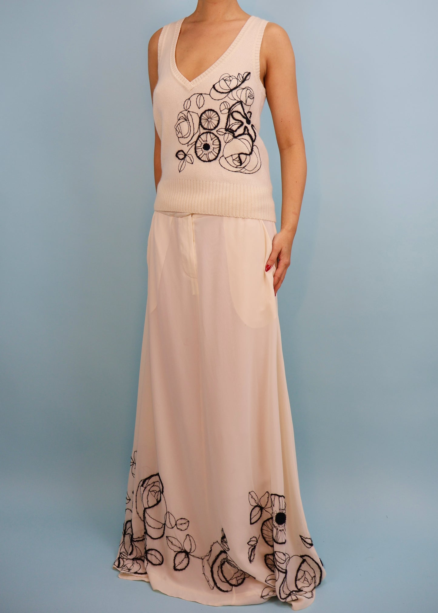 John Galliano Fall 2005 Floral Embroidered Cashmere Tank Top & Silk Maxi Skirt Set