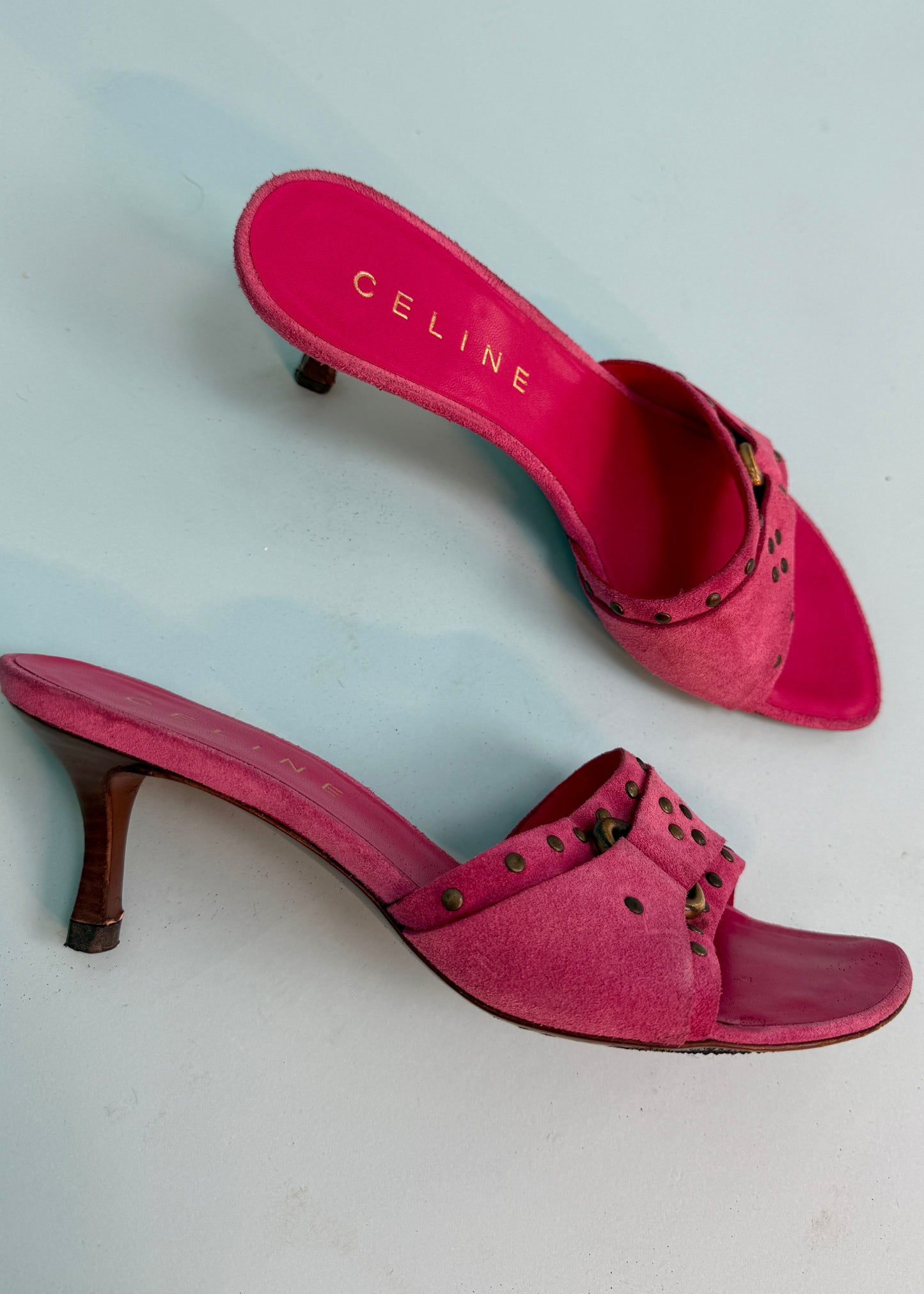 Celine Studded Pink Suede Kitten Heels