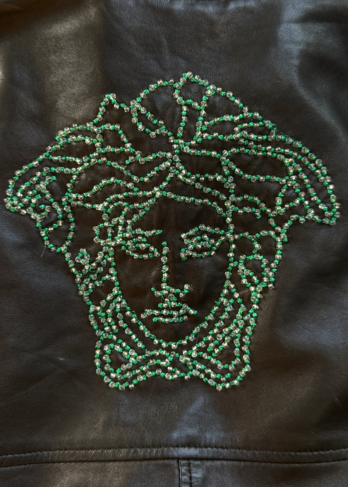 Versace 1990s Beaded Medusa Black Leather Zip Up Top