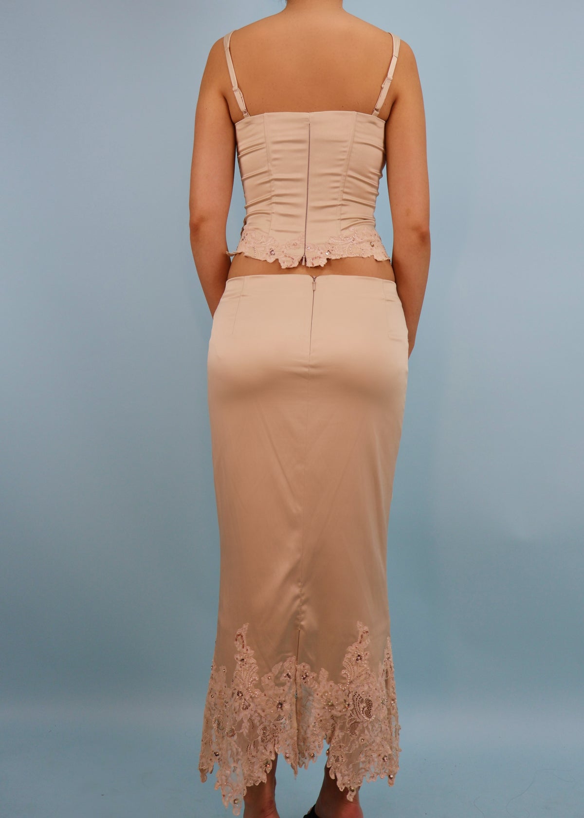 Mandalay Light Beige Satin & Lace Embellished Corset & Skirt Set
