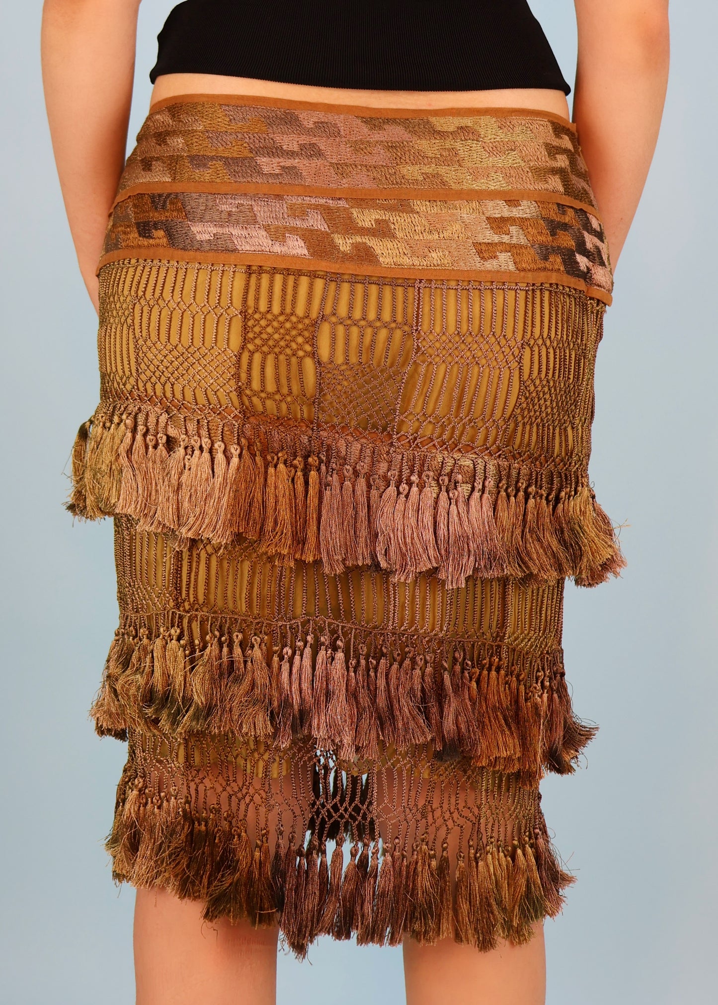 Gucci Spring 2005 Runway Khaki Green Silk Tassel Skirt