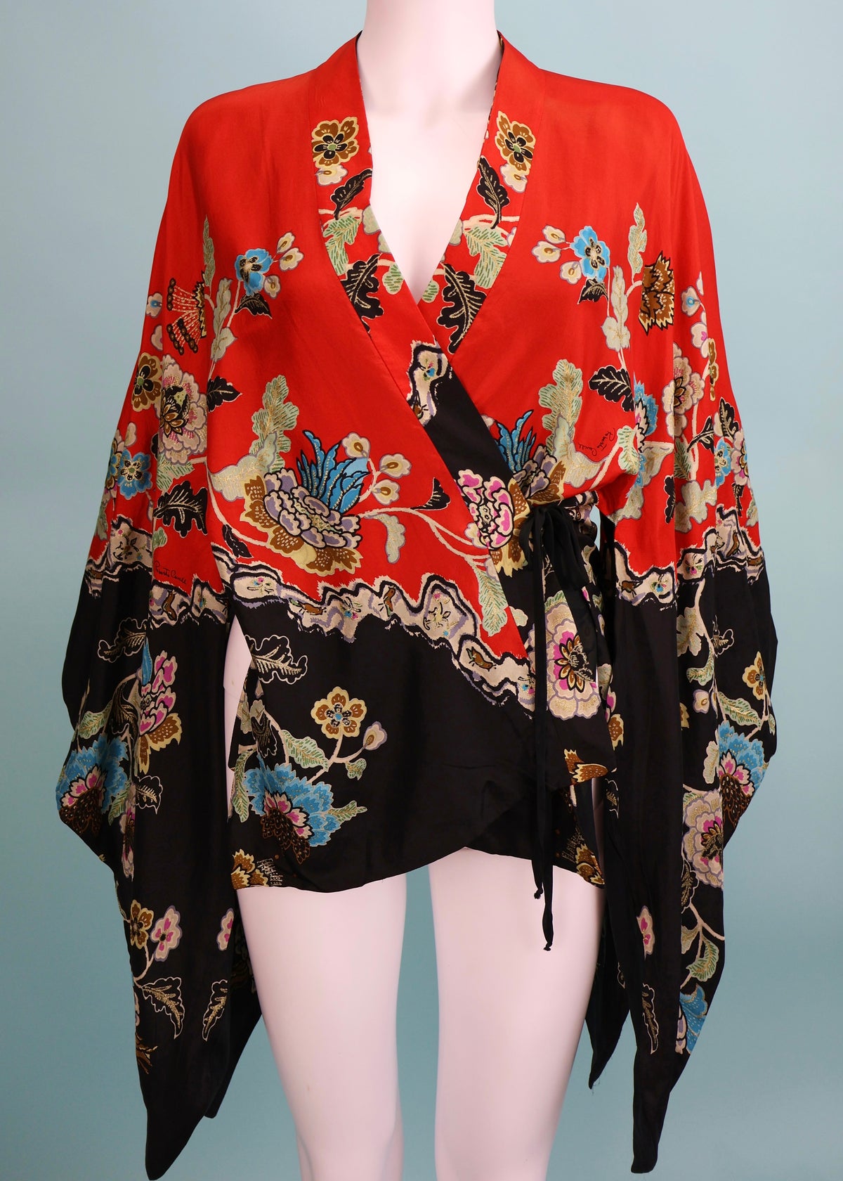 Roberto Cavalli Spring 2003 Red Silk Chinoiserie Print Kimono Jacket