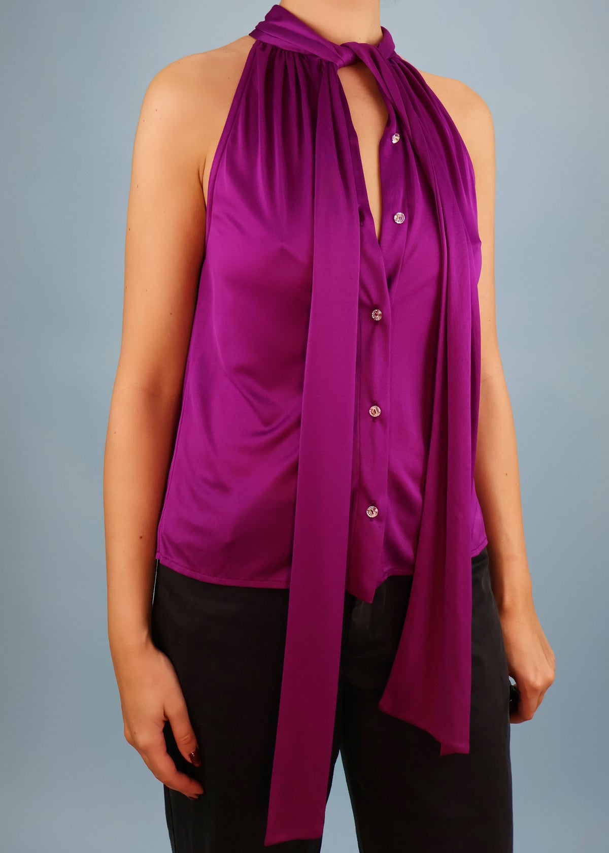 Versace Spring 2000 Runway Crystal Button Purple Sleeveless Top