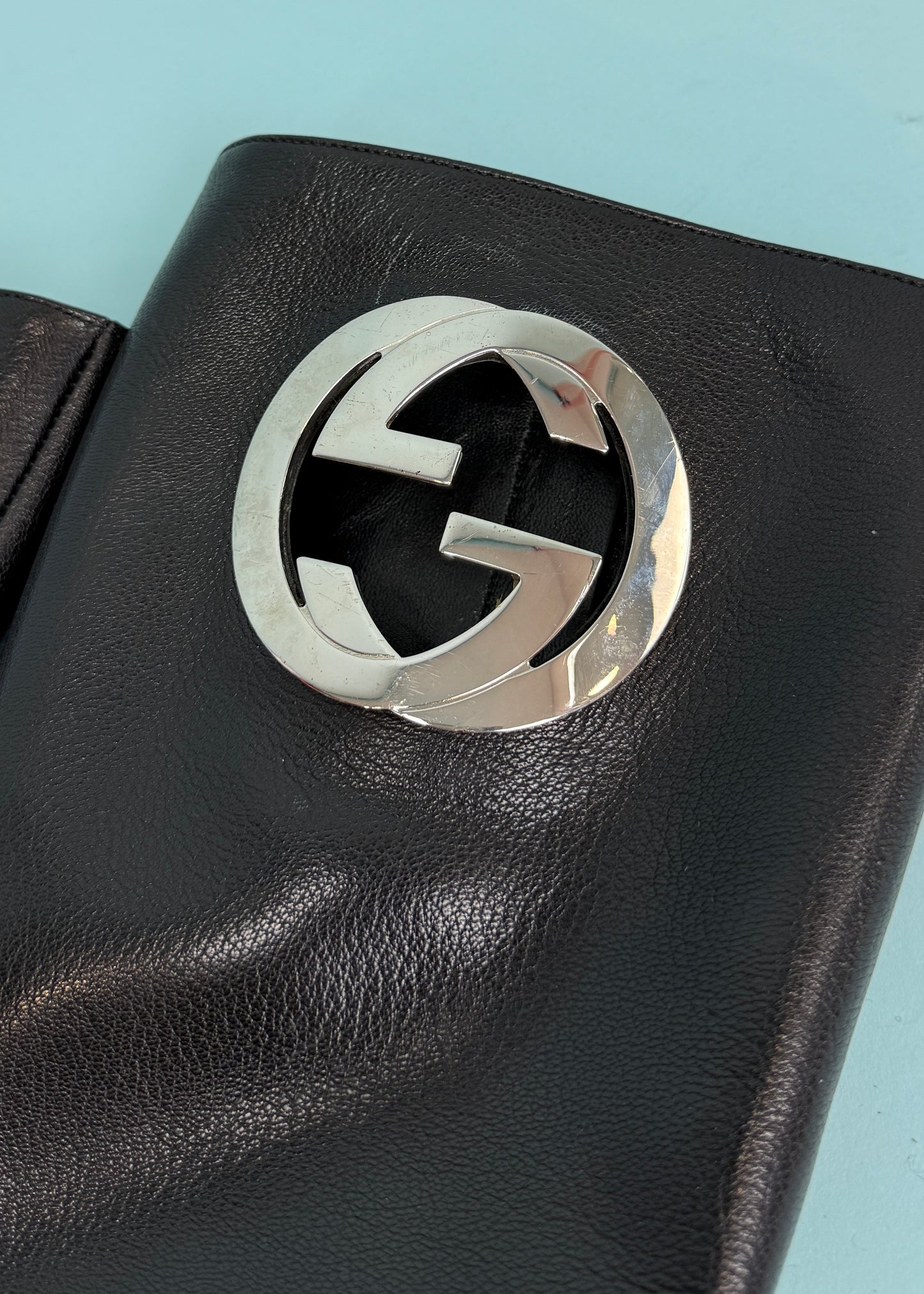 Gucci Black Leather Metal GG Monogram Boots