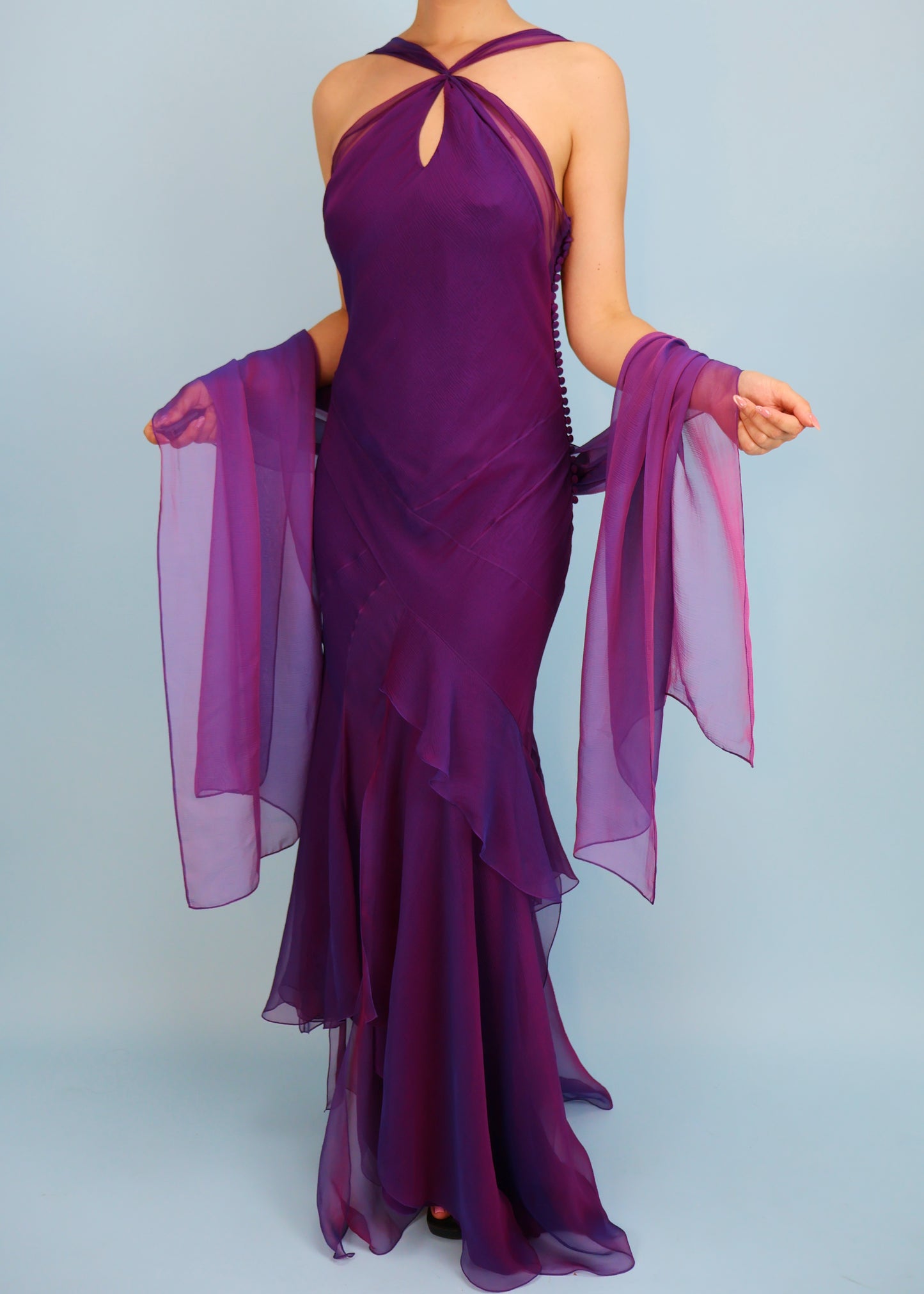 Dior Spring 2005 Purple Iridescent Silk Chiffon Peephole Halter Gown & Scarf