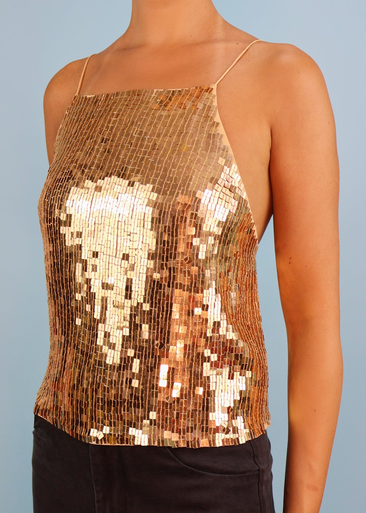 DKNY Gold Sequin Embellished Open Back Top