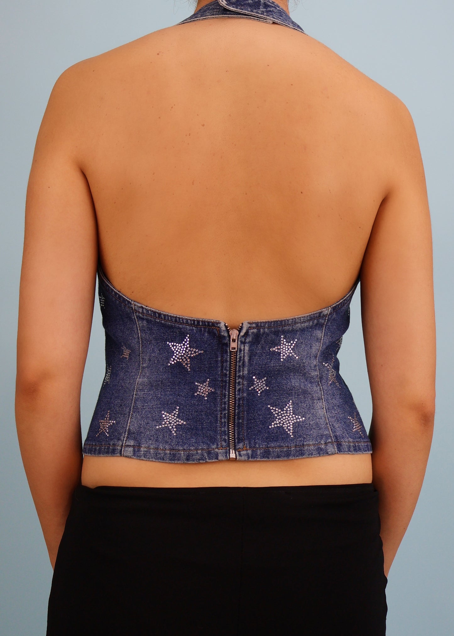 Blumarine Denim & Rhinestone Star Embellished Halter Top