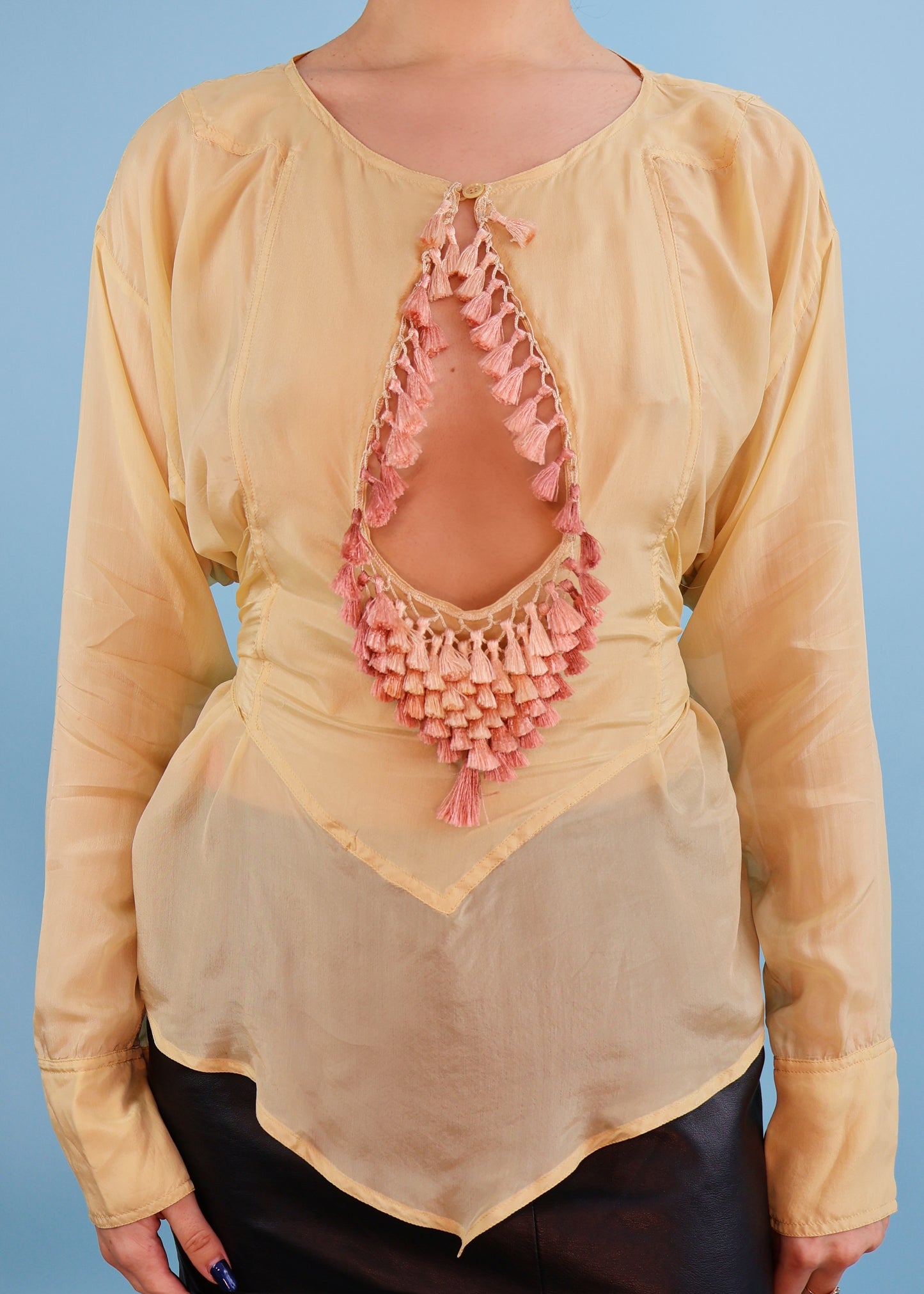 Gucci Spring 2005 Cream Tassel Open Front Silk Blouse Top