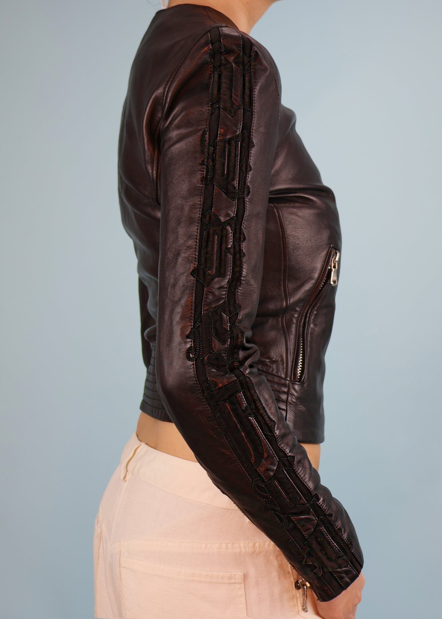 Versace Fall 2002 Gothic Spellout Arms Black Leather Jacket