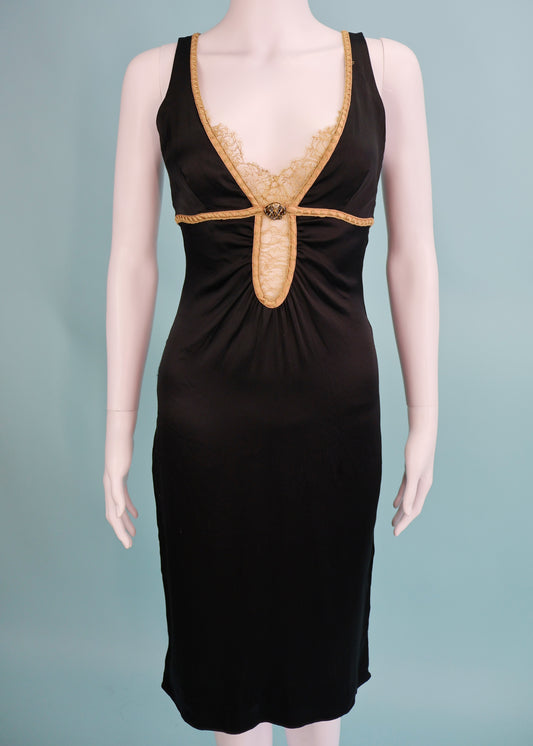 Roberto Cavalli Fall 2006 Black Silk Satin Lace Insert Dress