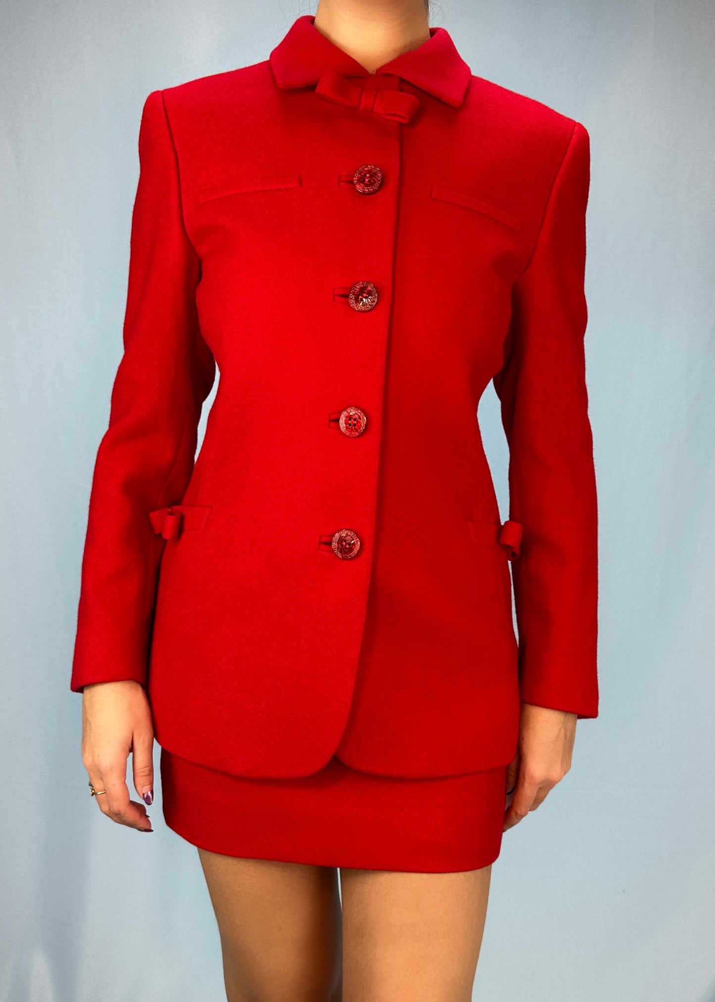 Versace Red Bow Jacket & Skirt Suit Set
