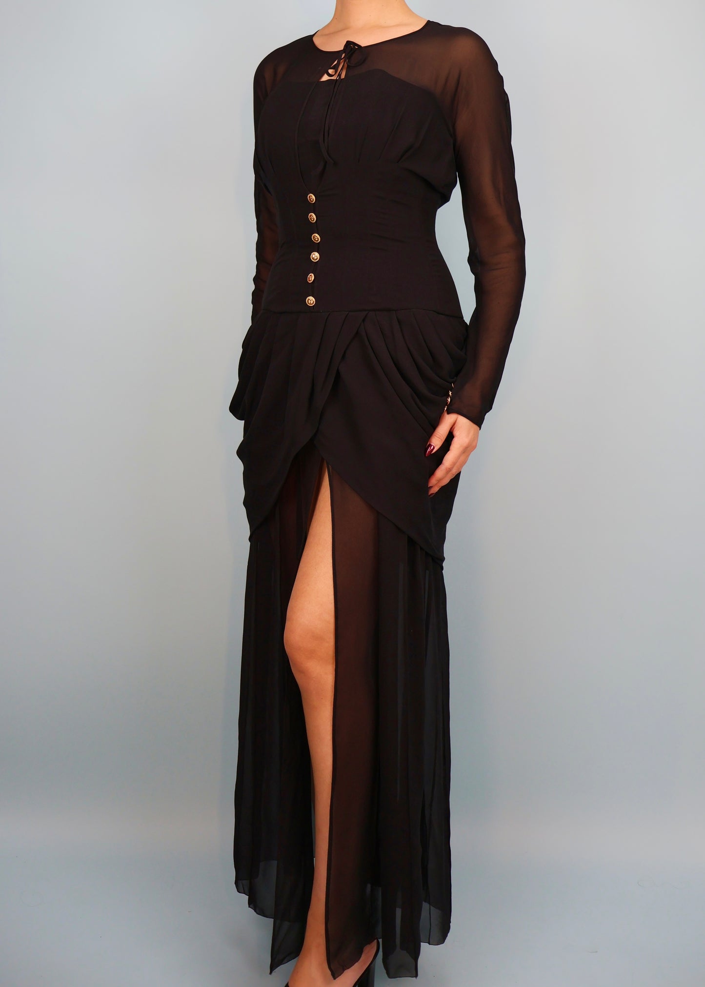 Chanel Fall 1989 Runway Black Silk Chiffon Corseted Draped Gown