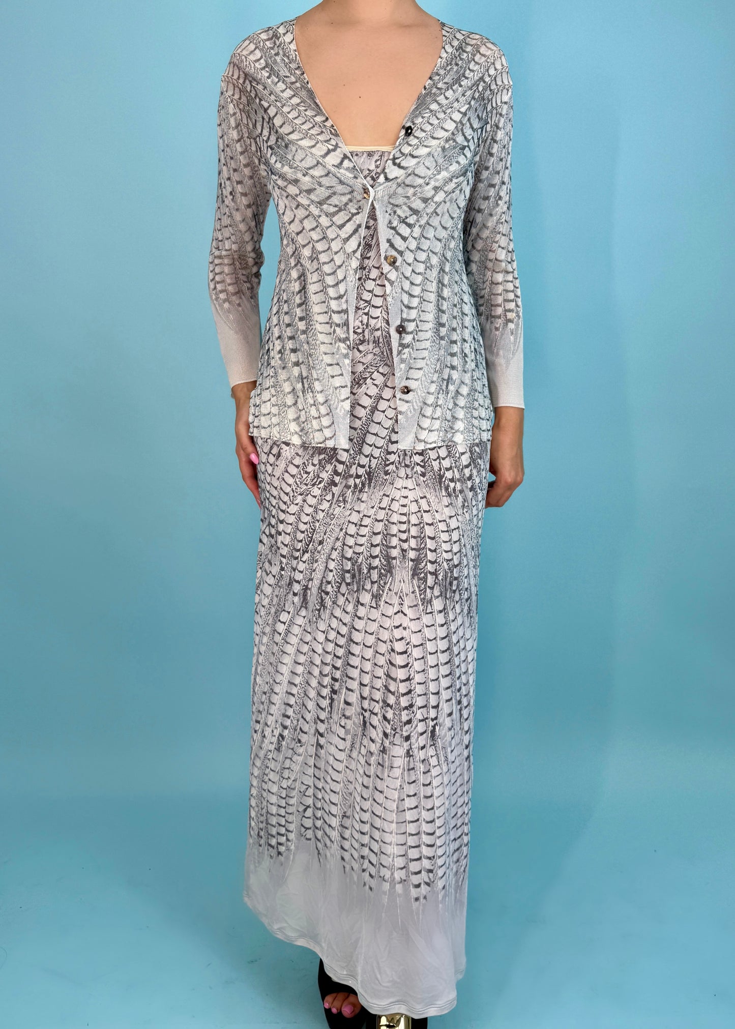 Roberto Cavalli Spring 1999 Feather Print Maxi Dress & Cardigan Set