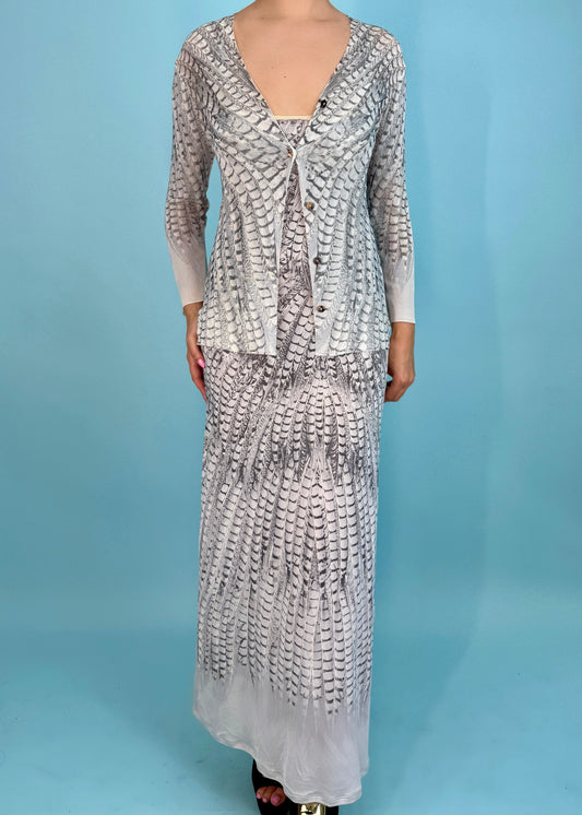 Roberto Cavalli Spring 1999 Feather Print Maxi Dress & Cardigan Set
