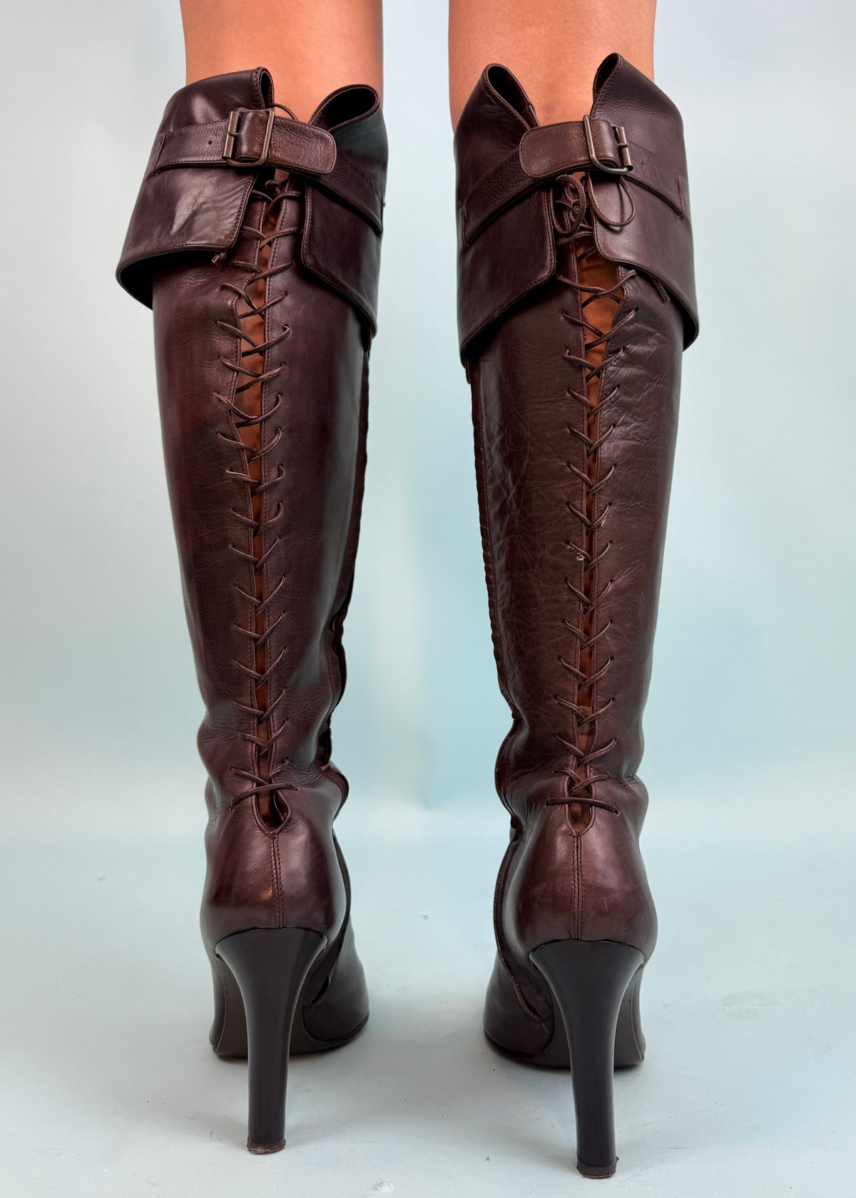 Alexander McQueen Fall 2002 Brown Leather Lace Up Fold Over Heeled Boots