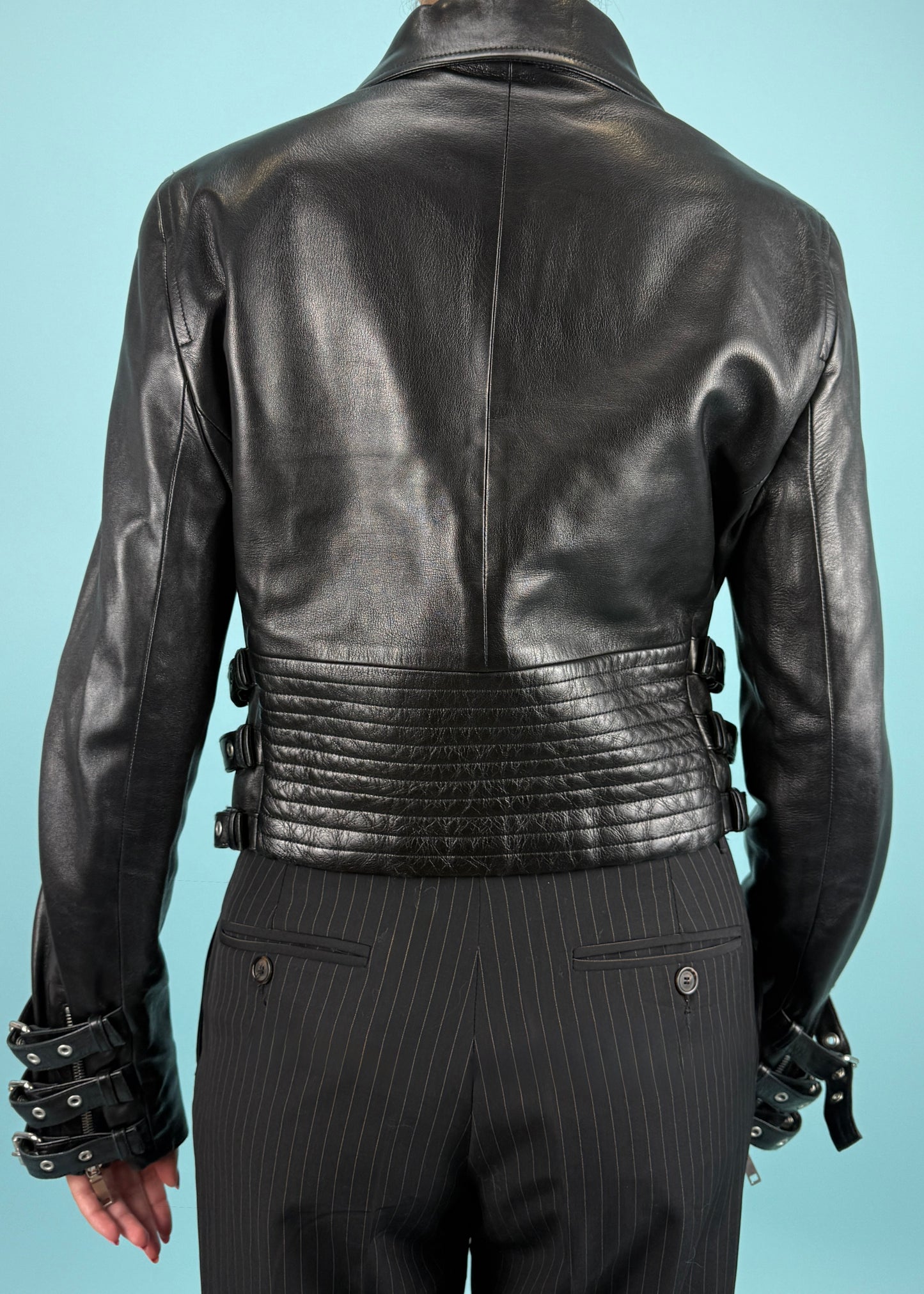 Celine Fall 2003 Runway Black Leather Buckle Detail Jacket