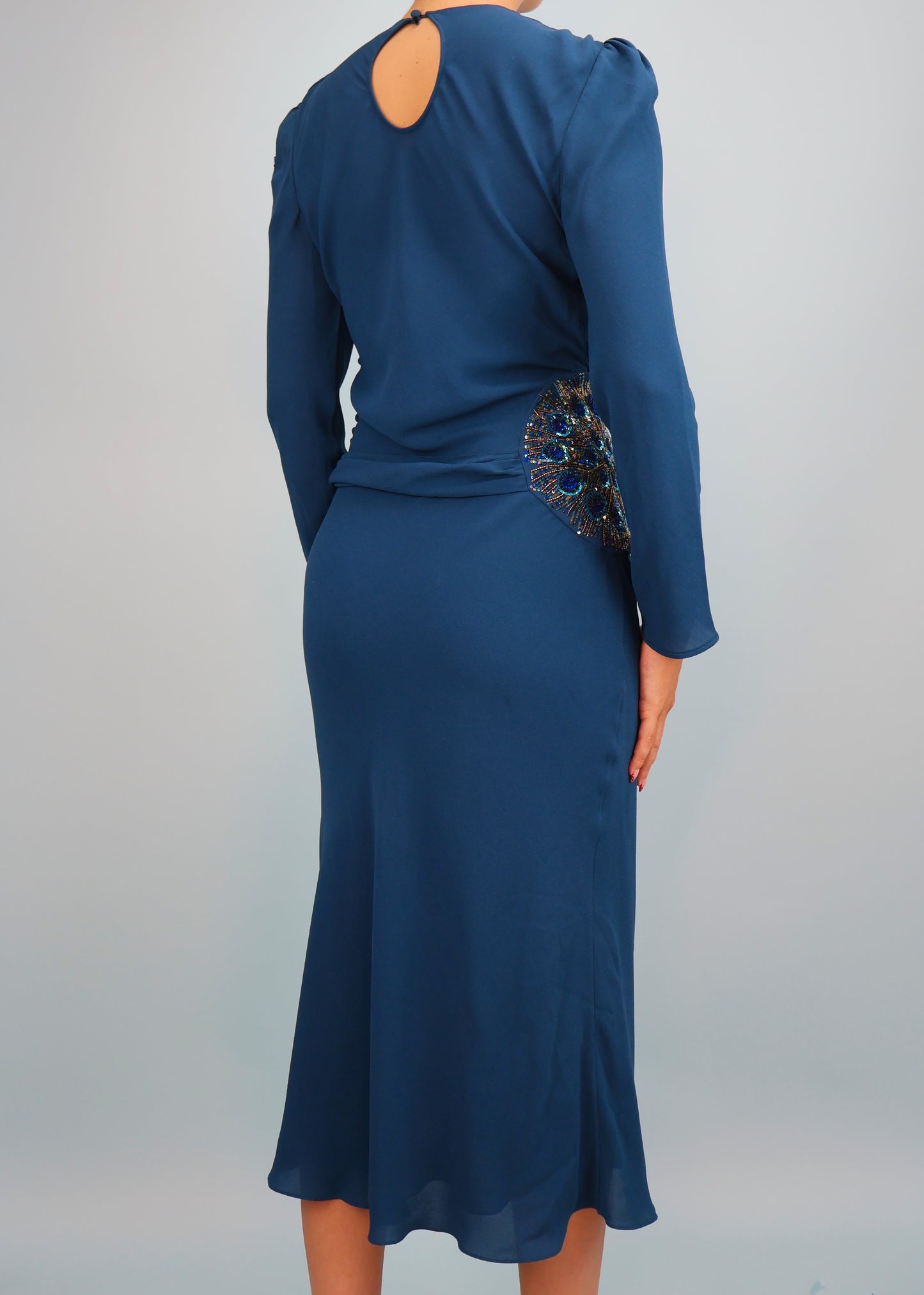 Dior Fall 2005 Teal Blue Silk Chiffon Embellished & Belted Midi Dress