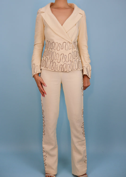 Atelier Versace Fall 1999 Runway Cream Crystal Embellished Jacket & Pants Suit Set
